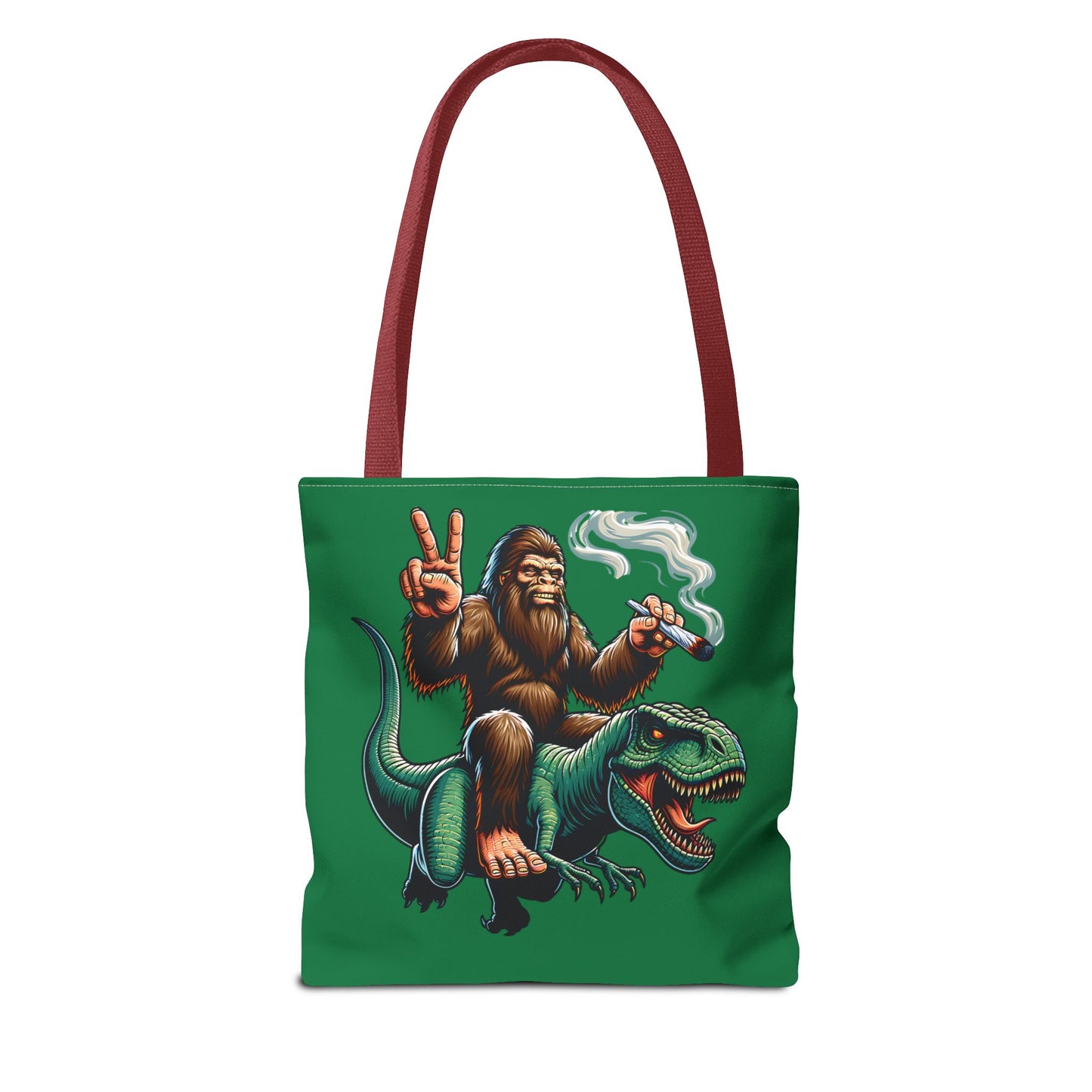 Tote Bag - Bigfoot Riding a T Rex Peace Sign 420 Design