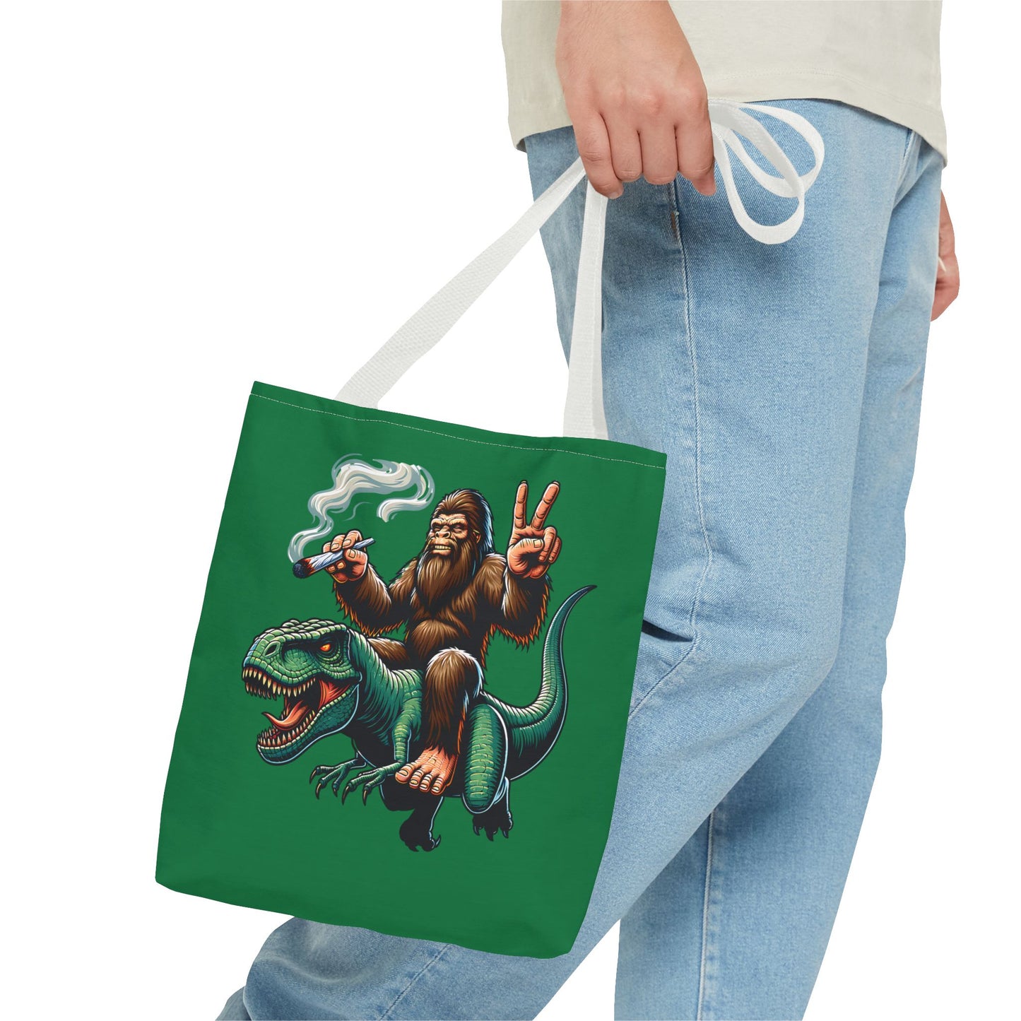 Tote Bag - Bigfoot Riding a T Rex Peace Sign 420 Design