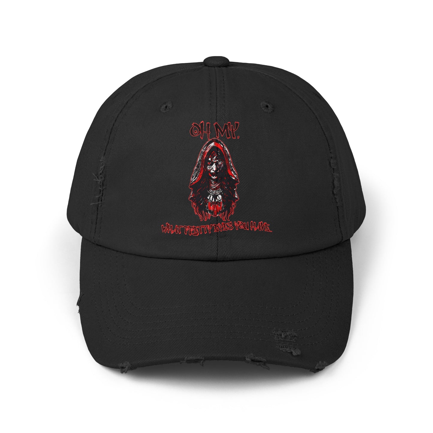 Creepy Little Red Riding Hood Inspired Scary Witch Oh My, What Pretty Eyes You Have Horror Hat Unisex Distressed Cap