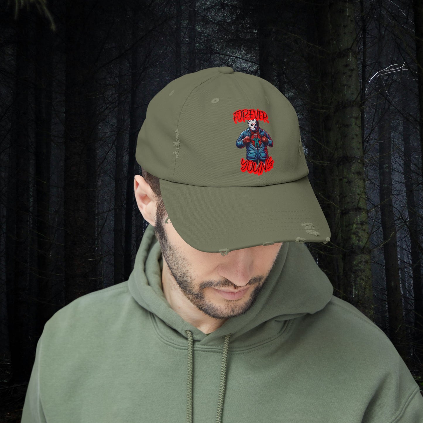 Forever Young Jason With The Mask On Voorhees Friday Horror Fun Unisex Distressed Cap Baseball Hat