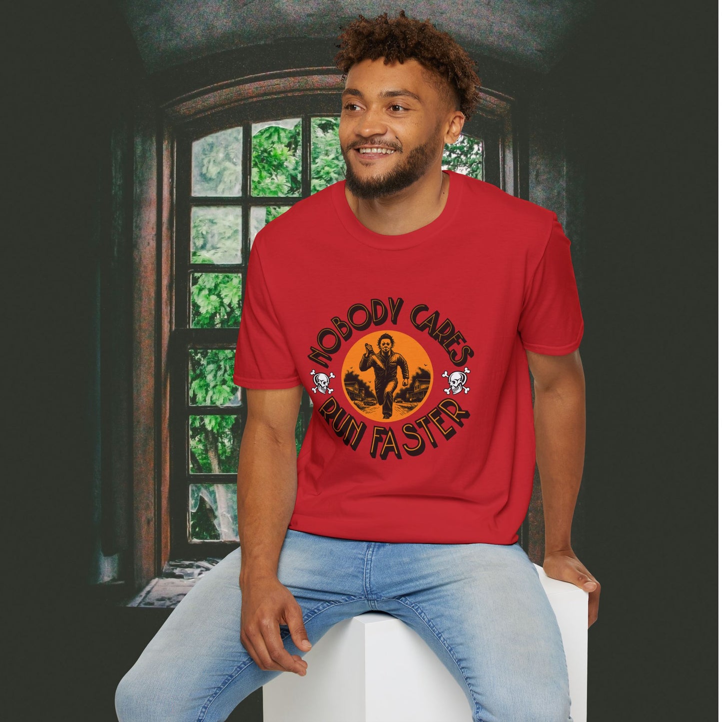 Nobody Cares Run Faster - Michael Running Myers on Halloween Horror Fun with Skulls Shirt - Unisex Softstyle T-Shirt