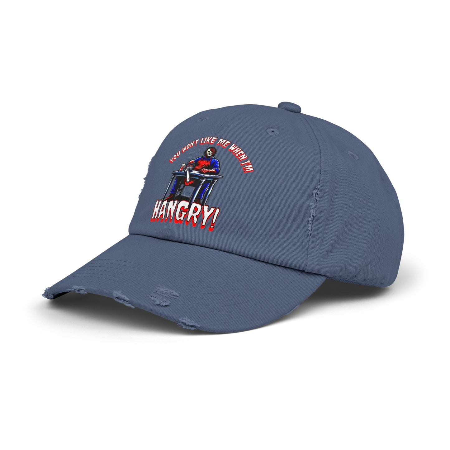 You Won't Like Me When I'm Hangry Leather Chainsaw Guy Cannibal Horror Fun Hat Unisex Distressed Cap