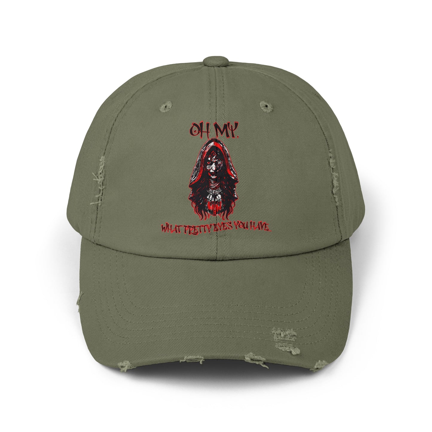 Creepy Little Red Riding Hood Inspired Scary Witch Oh My, What Pretty Eyes You Have Horror Hat Unisex Distressed Cap
