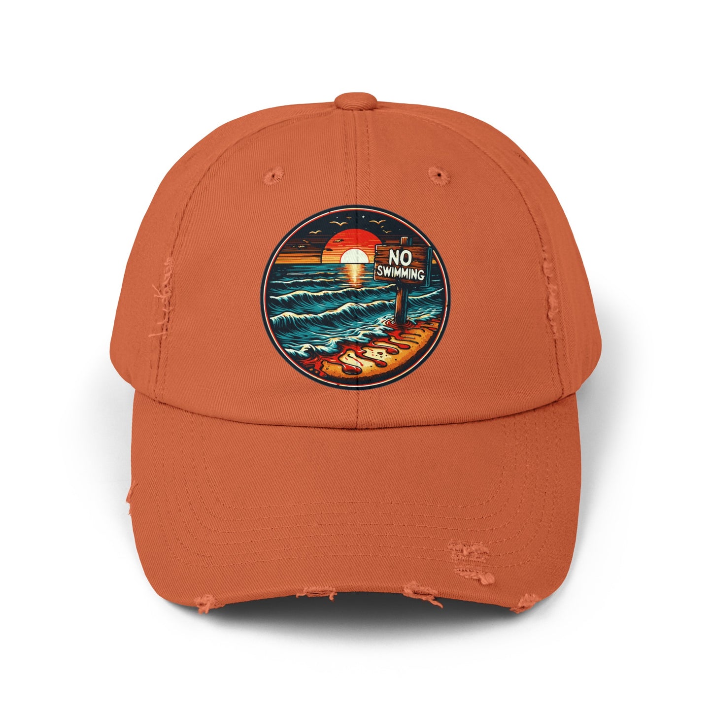 No Swimming Bloody Beach Unisex Distressed Cap Horror Fun Hat Dark Humor