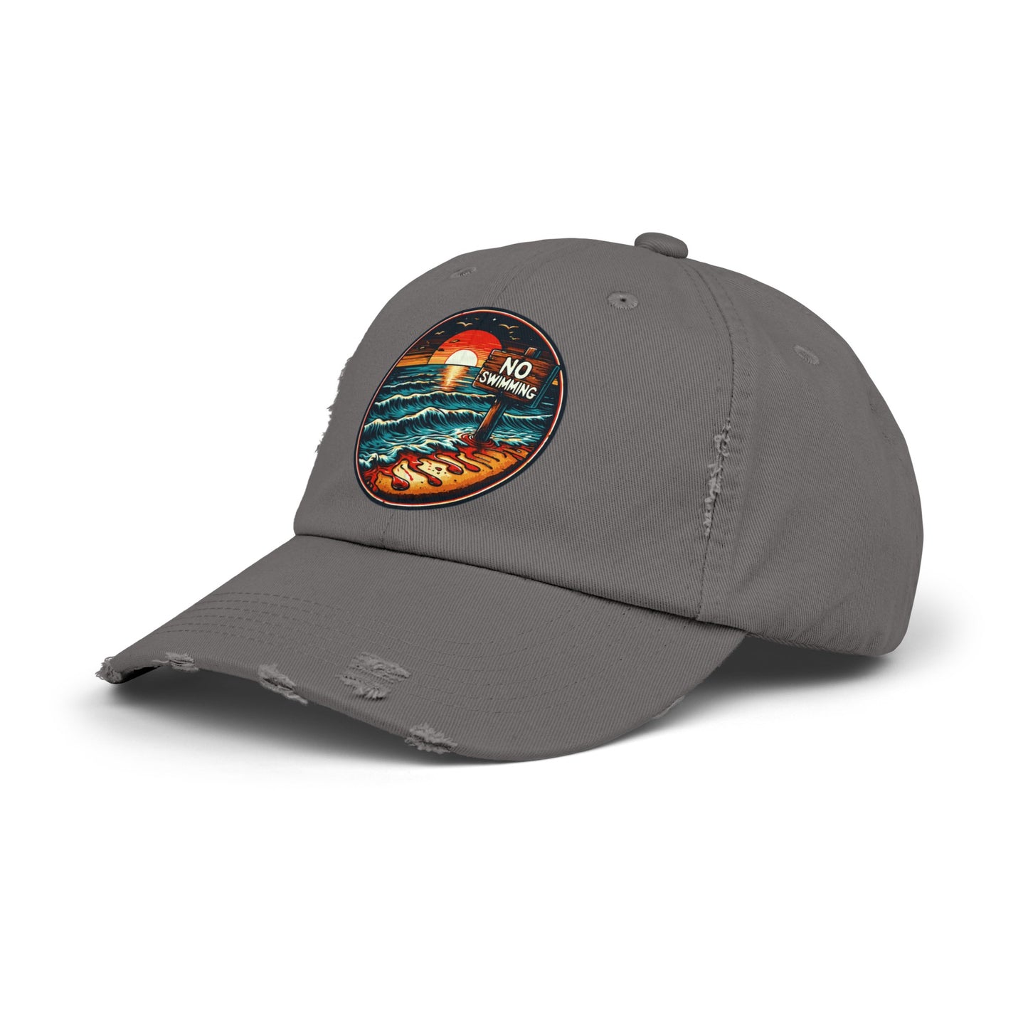 No Swimming Bloody Beach Unisex Distressed Cap Horror Fun Hat Dark Humor
