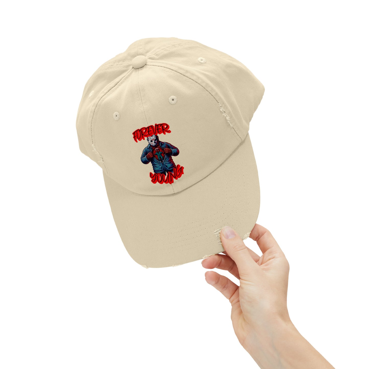 Forever Young Jason With The Mask On Voorhees Friday Horror Fun Unisex Distressed Cap Baseball Hat