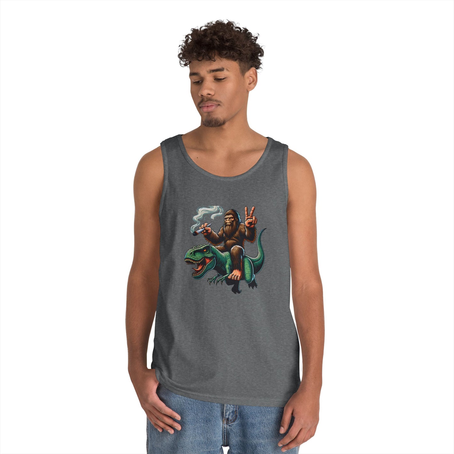 Bigfoot Riding T Rex Tank Top - 420 Peace Sign Design