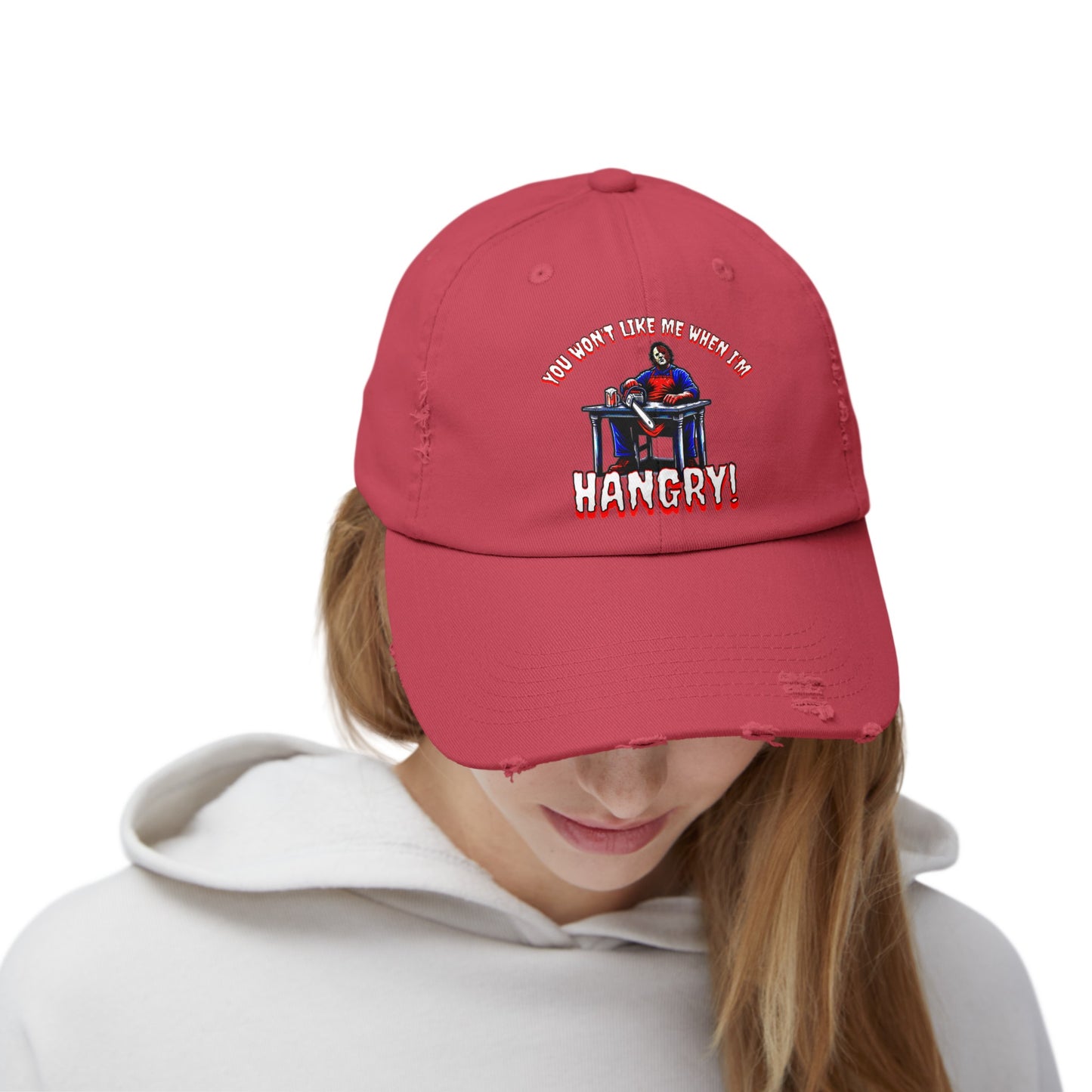You Won't Like Me When I'm Hangry Leather Chainsaw Guy Cannibal Horror Fun Hat Unisex Distressed Cap