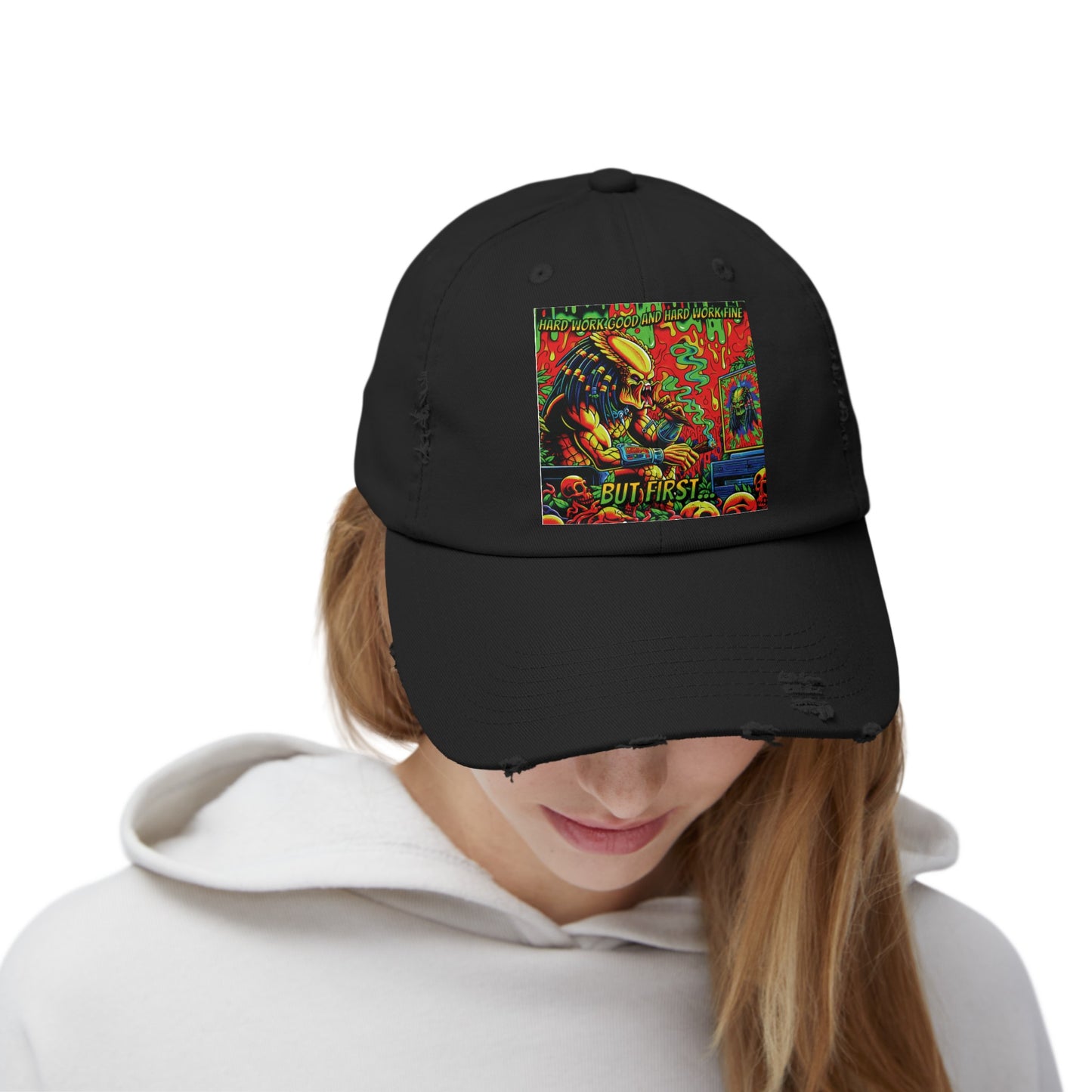 Horradelic Hard Work Good Hard Work Fine Predator Blunt Horror Fun Unisex Distressed Baseball Cap Hat
