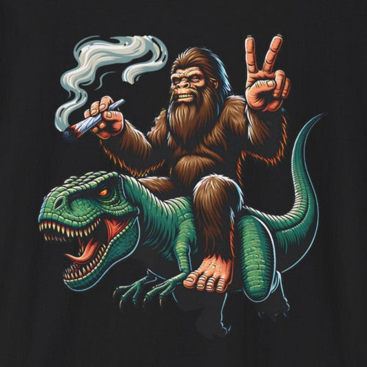 T-Shirt Bigfoot Riding T-Rex 420 Fun Cryptid Tee