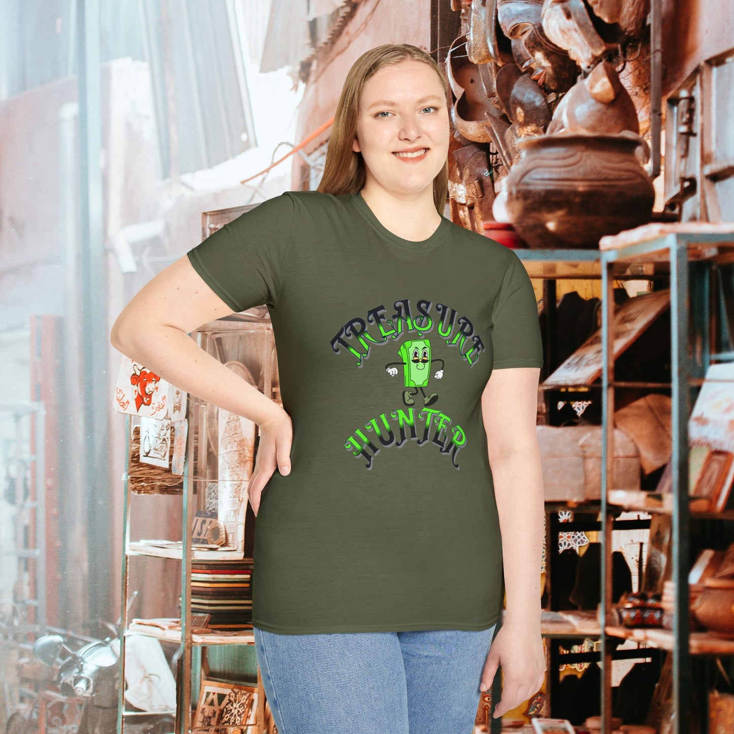 Treasure Hunter Money Stacks Soft Style T-Shirt Collector Vintage Retro Fun Thrifting Convention