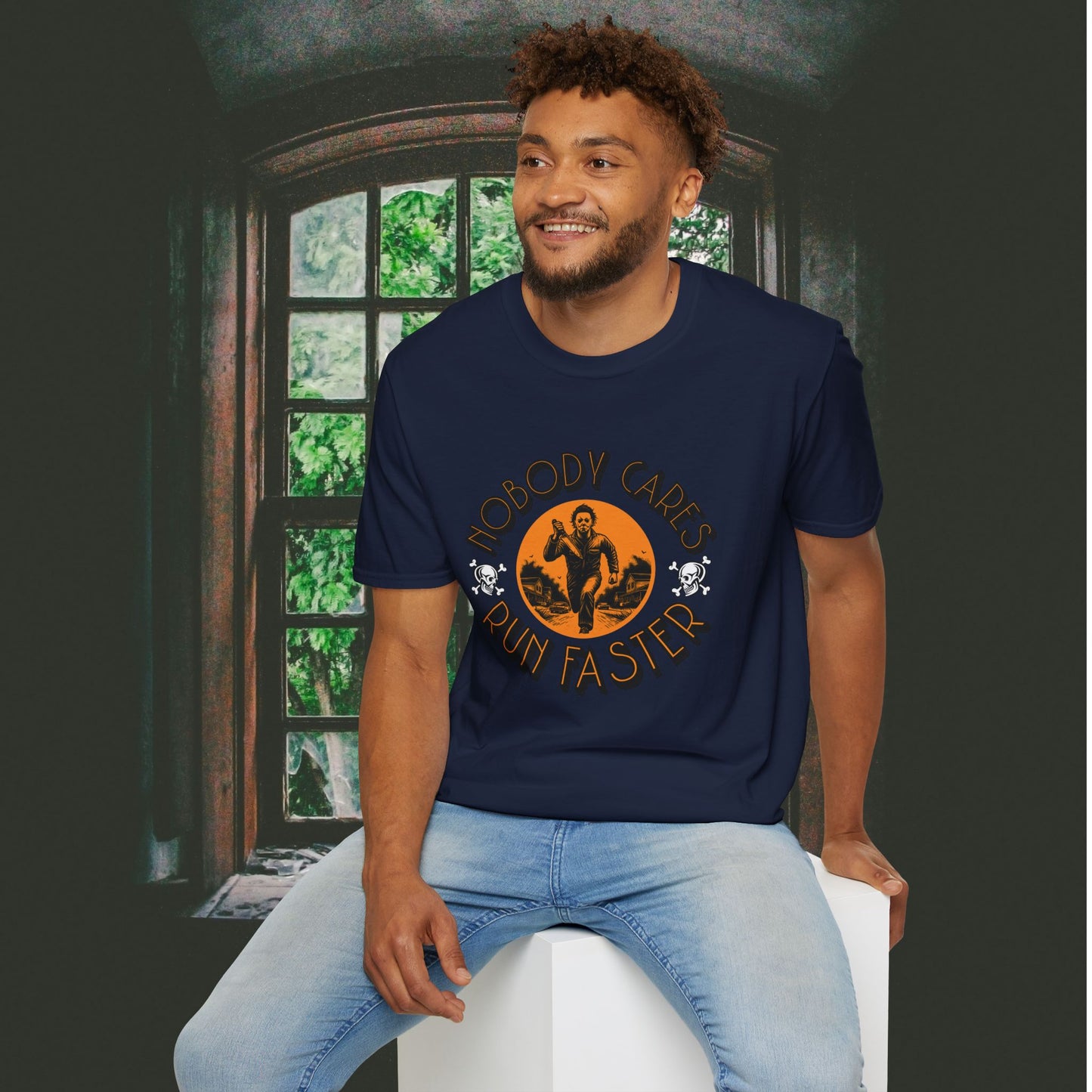 Nobody Cares Run Faster - Michael Running Myers on Halloween Horror Fun with Skulls Shirt - Unisex Softstyle T-Shirt