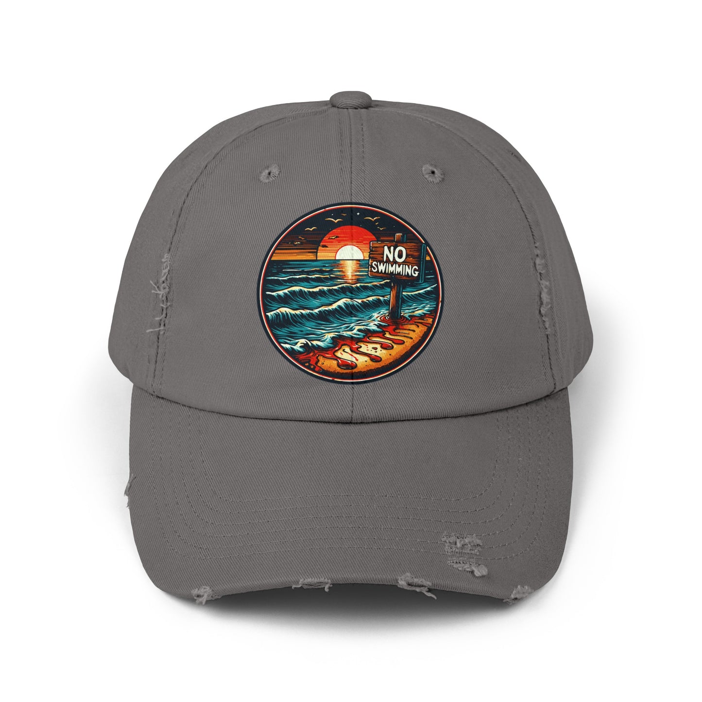 No Swimming Bloody Beach Unisex Distressed Cap Horror Fun Hat Dark Humor