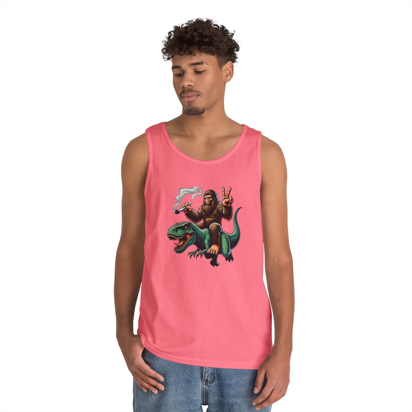 Bigfoot Riding T Rex Tank Top - 420 Peace Sign Design
