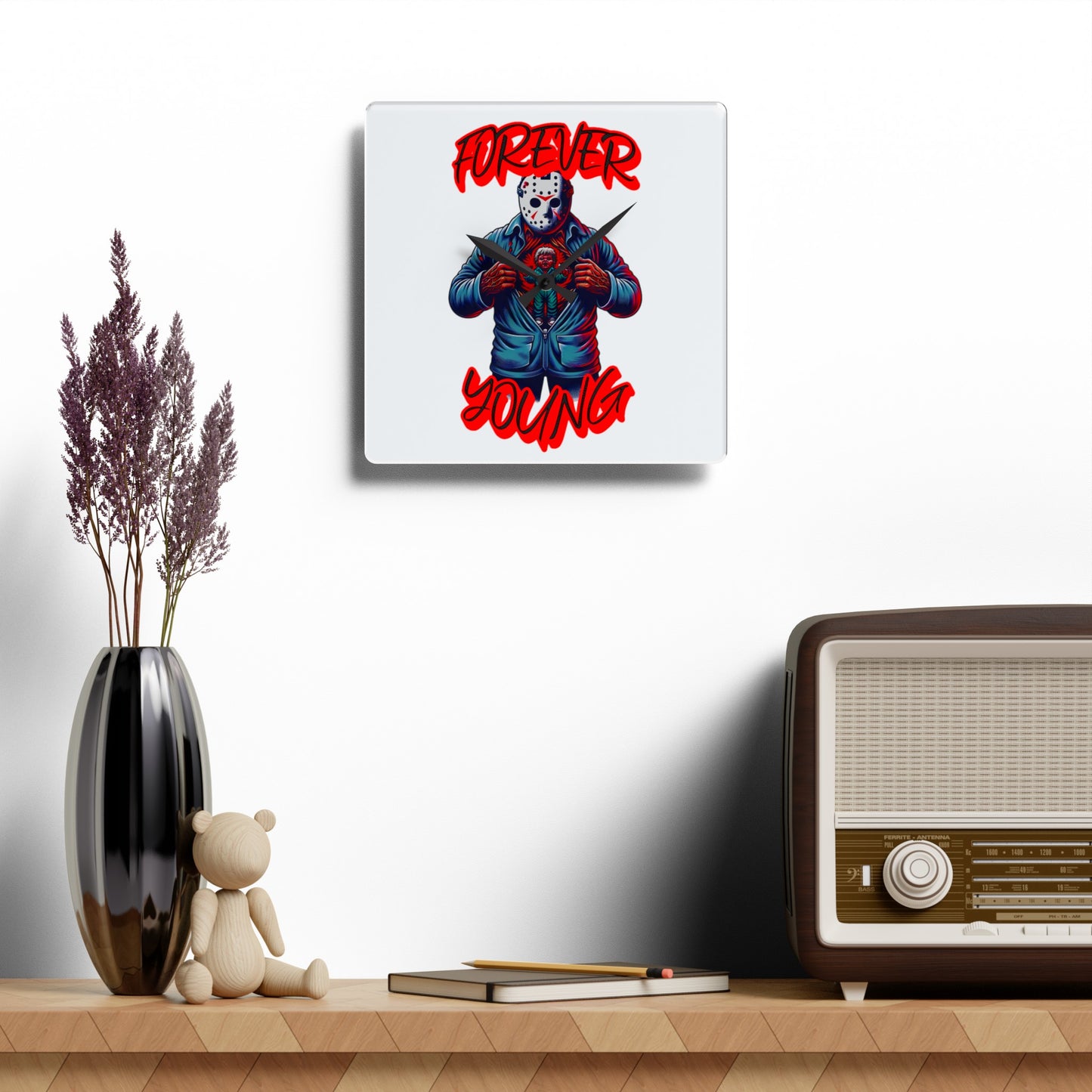 Horrorvational Forever Young Friday Jason Opening His Top to His Young Self Voorhees 13th Horror Fun Acrylic Wall Hanging Clock