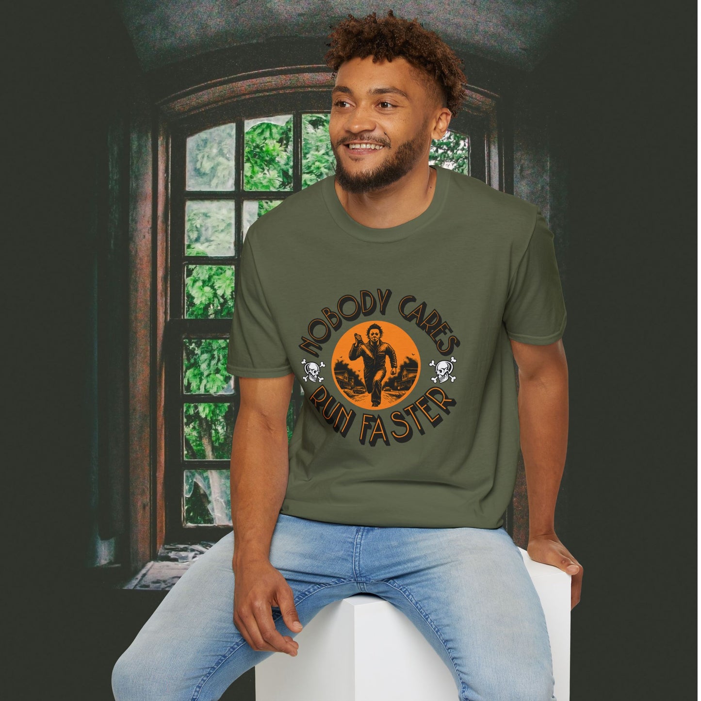 Nobody Cares Run Faster - Michael Running Myers on Halloween Horror Fun with Skulls Shirt - Unisex Softstyle T-Shirt