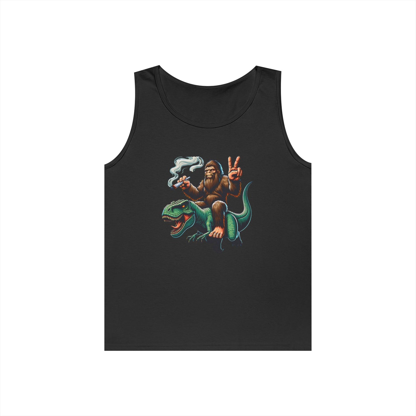Bigfoot Riding T Rex Tank Top - 420 Peace Sign Design