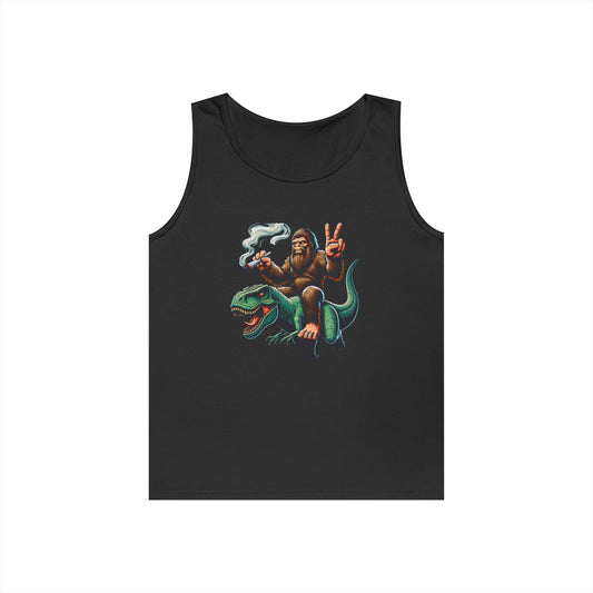 Bigfoot Riding T Rex Tank Top - 420 Peace Sign Design
