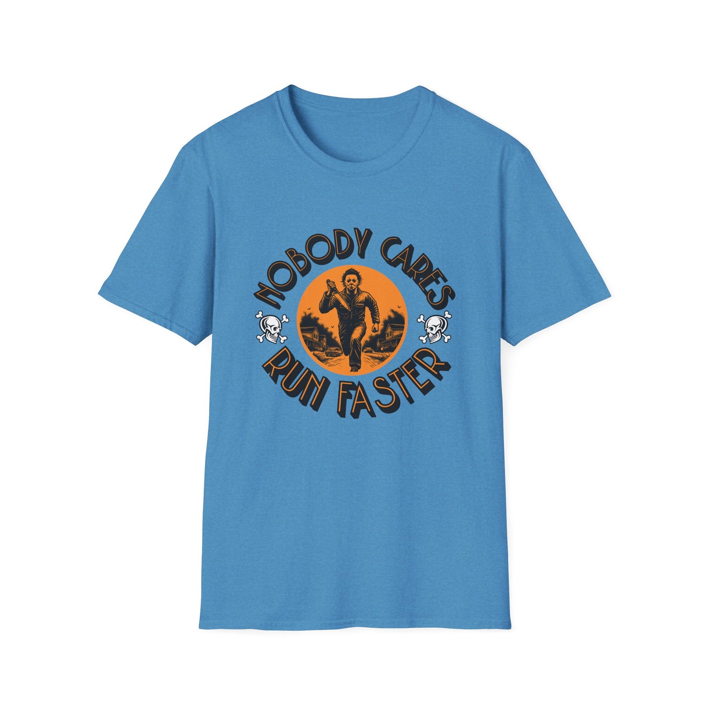 Nobody Cares Run Faster - Michael Running Myers on Halloween Horror Fun with Skulls Shirt - Unisex Softstyle T-Shirt