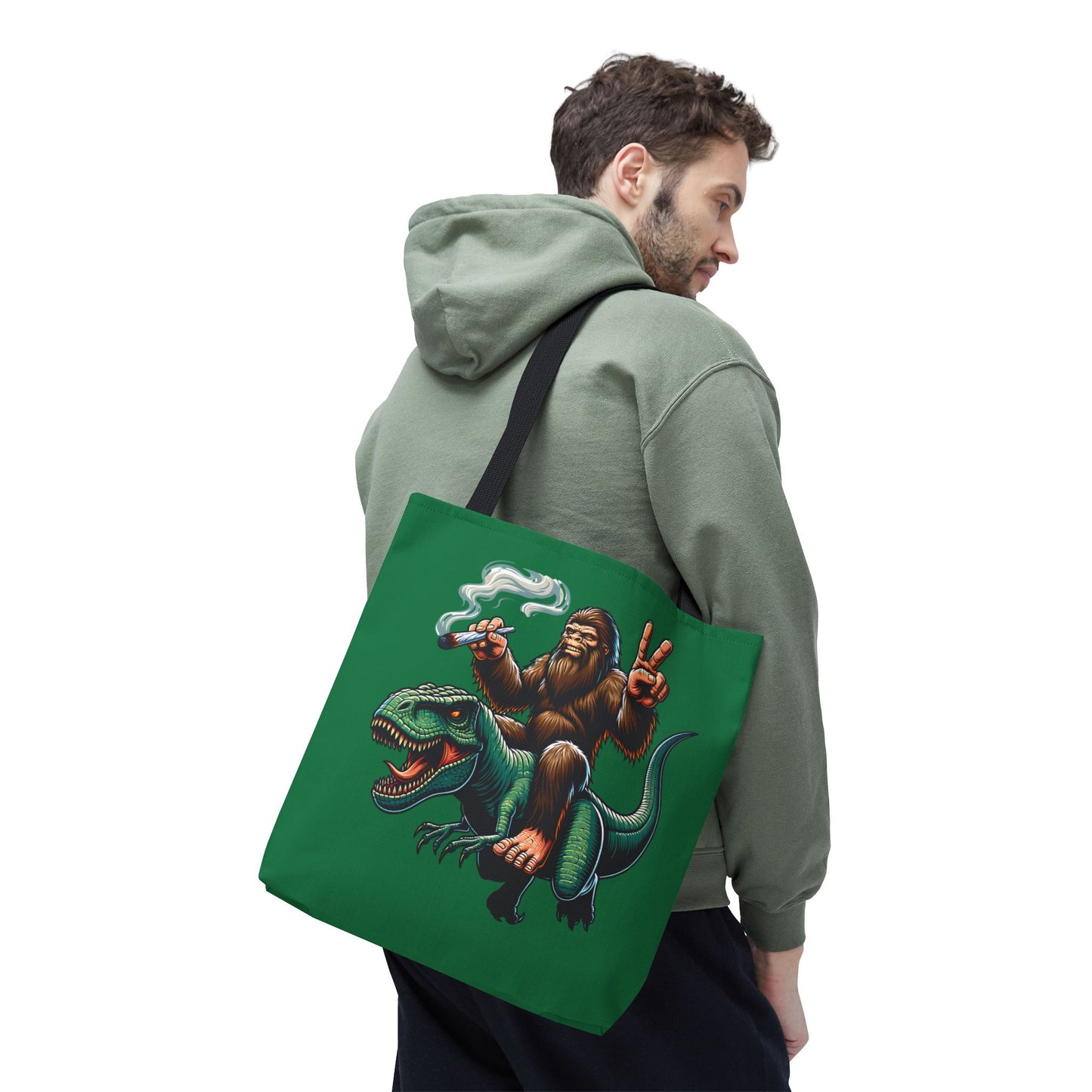 Tote Bag - Bigfoot Riding a T Rex Peace Sign 420 Design