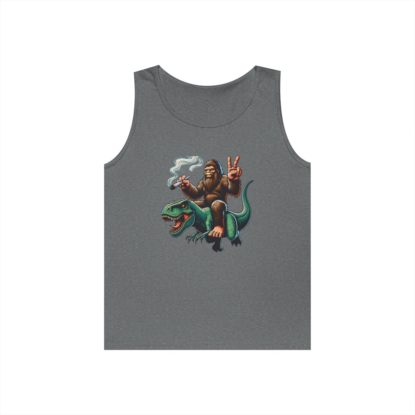 Bigfoot Riding T Rex Tank Top - 420 Peace Sign Design
