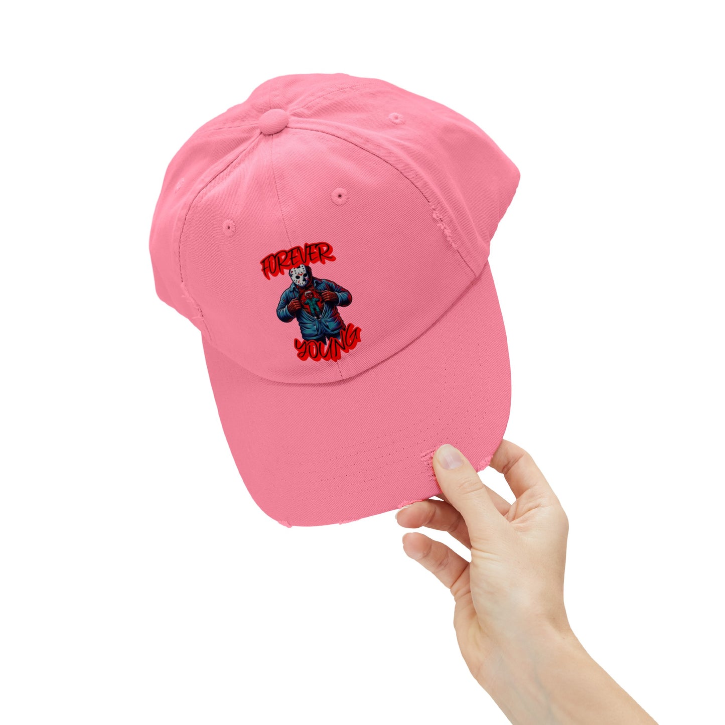 Forever Young Jason With The Mask On Voorhees Friday Horror Fun Unisex Distressed Cap Baseball Hat