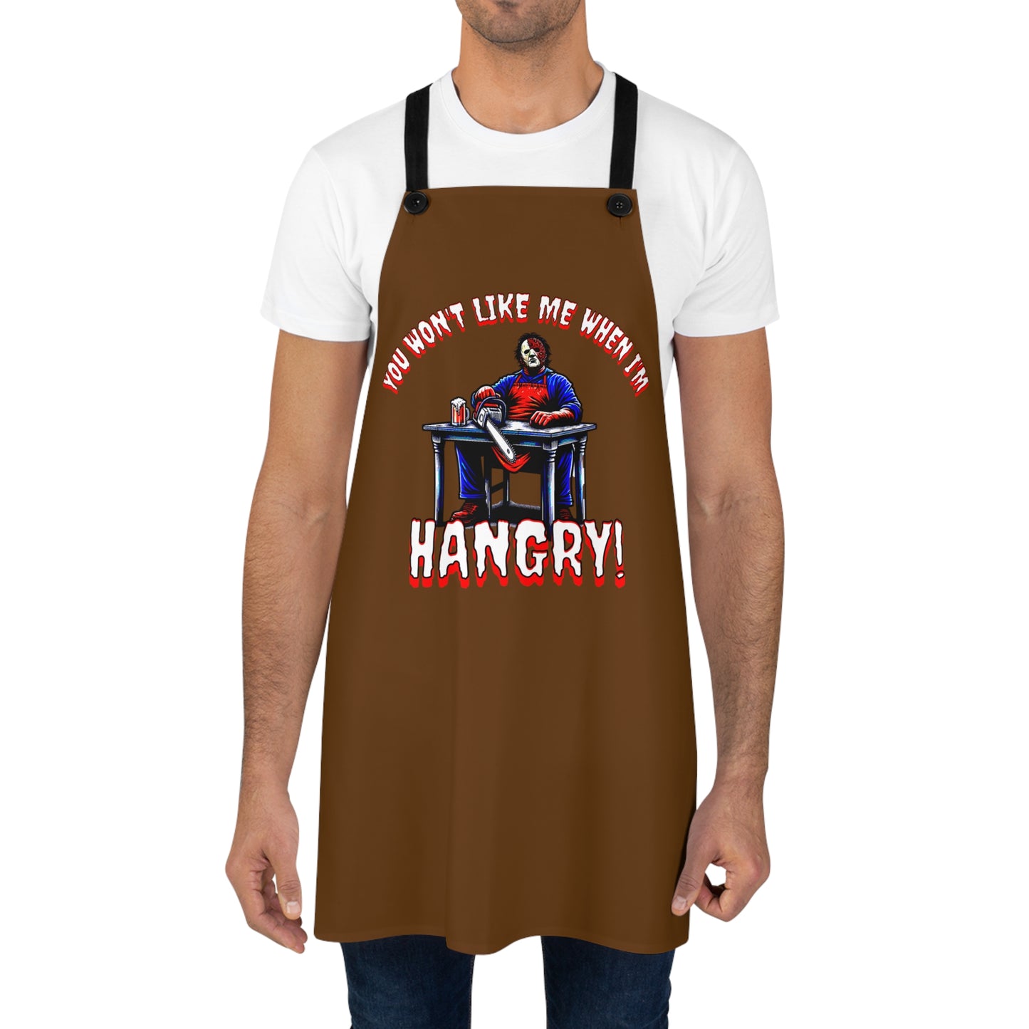 You Won't Like Me When I'm Hangry Apron (AOP) Leather Chainsaw Guy Cannibal Horror Fun