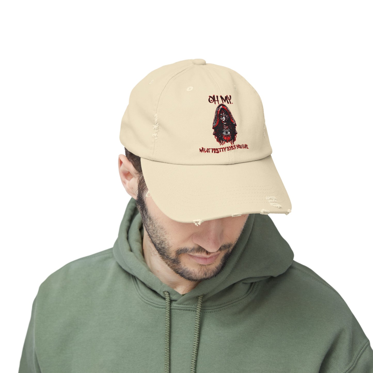 Creepy Little Red Riding Hood Inspired Scary Witch Oh My, What Pretty Eyes You Have Horror Hat Unisex Distressed Cap