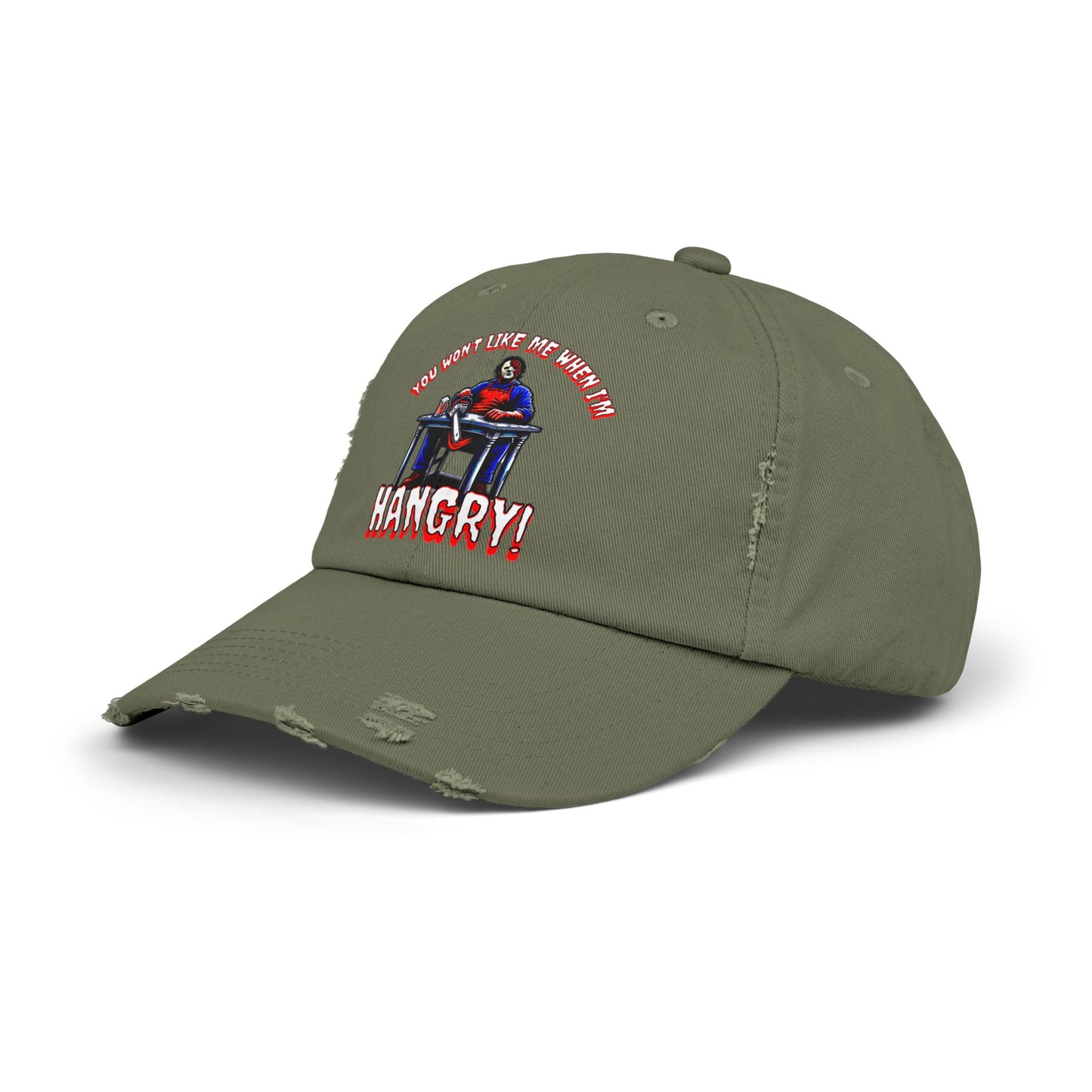 You Won't Like Me When I'm Hangry Leather Chainsaw Guy Cannibal Horror Fun Hat Unisex Distressed Cap