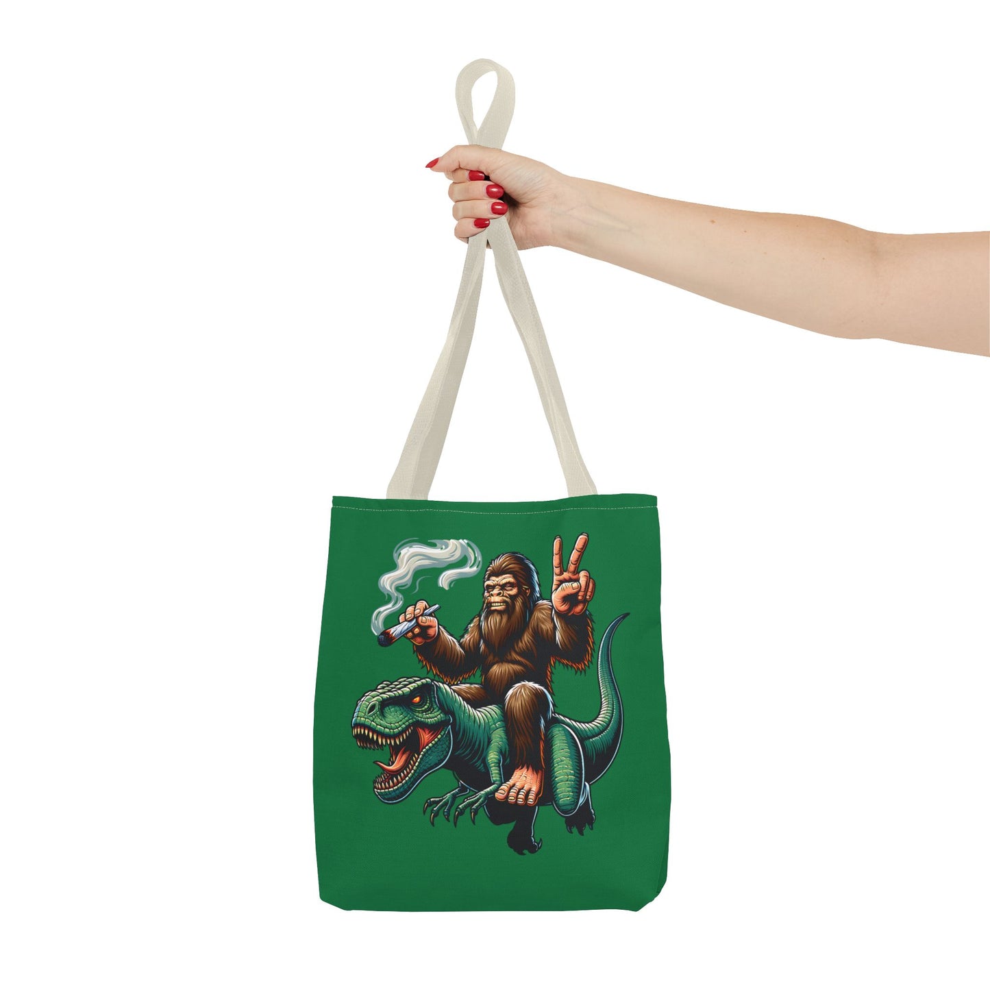 Tote Bag - Bigfoot Riding a T Rex Peace Sign 420 Design