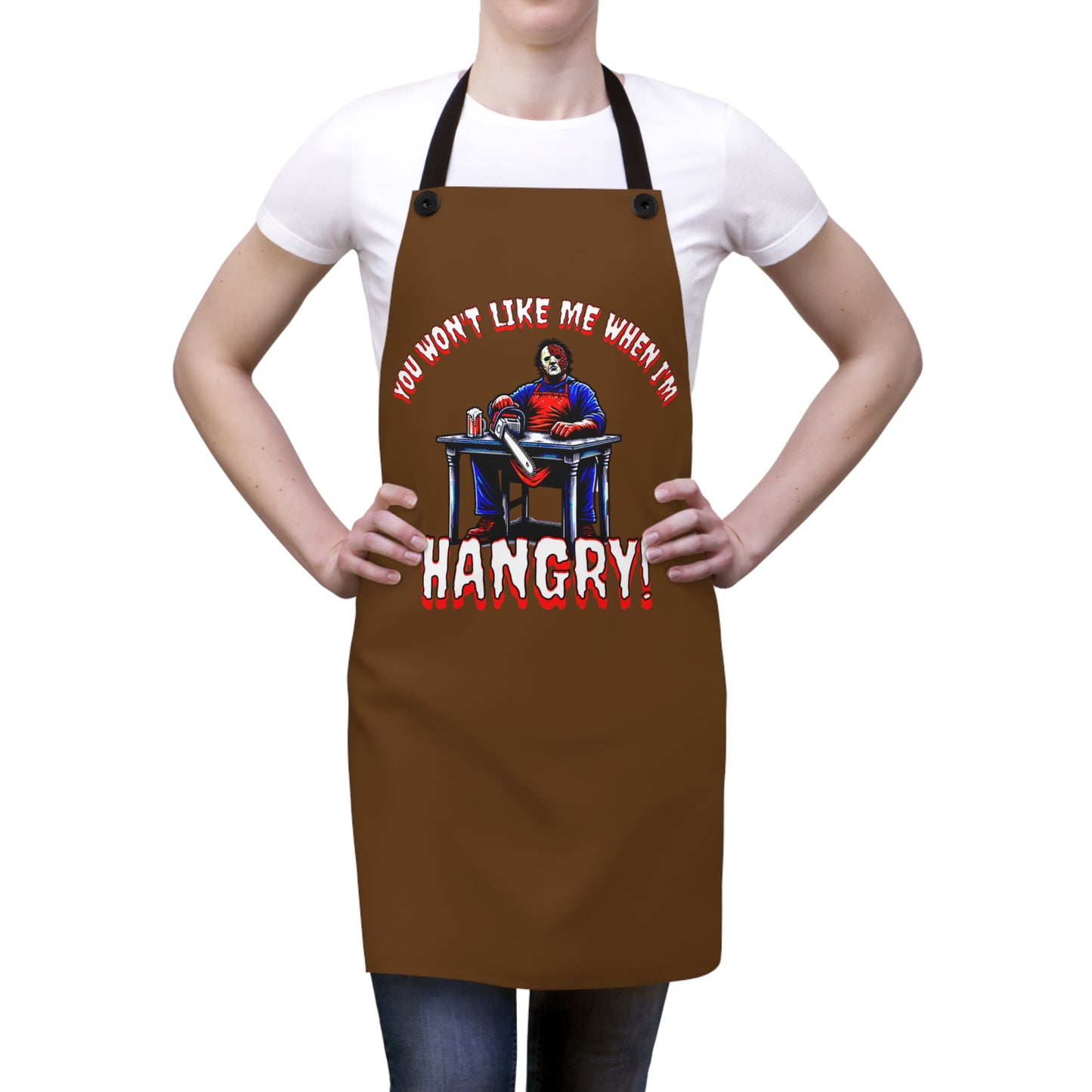 You Won't Like Me When I'm Hangry Apron (AOP) Leather Chainsaw Guy Cannibal Horror Fun