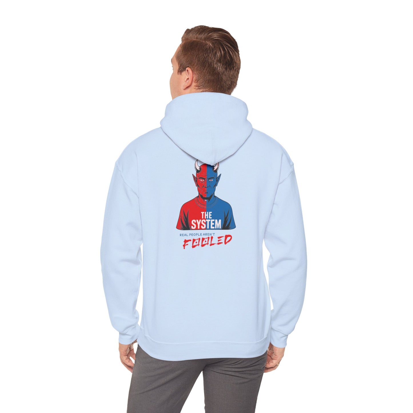 Hooded Sweatshirt - The System - Real People Arent Fooled Red Blue Design