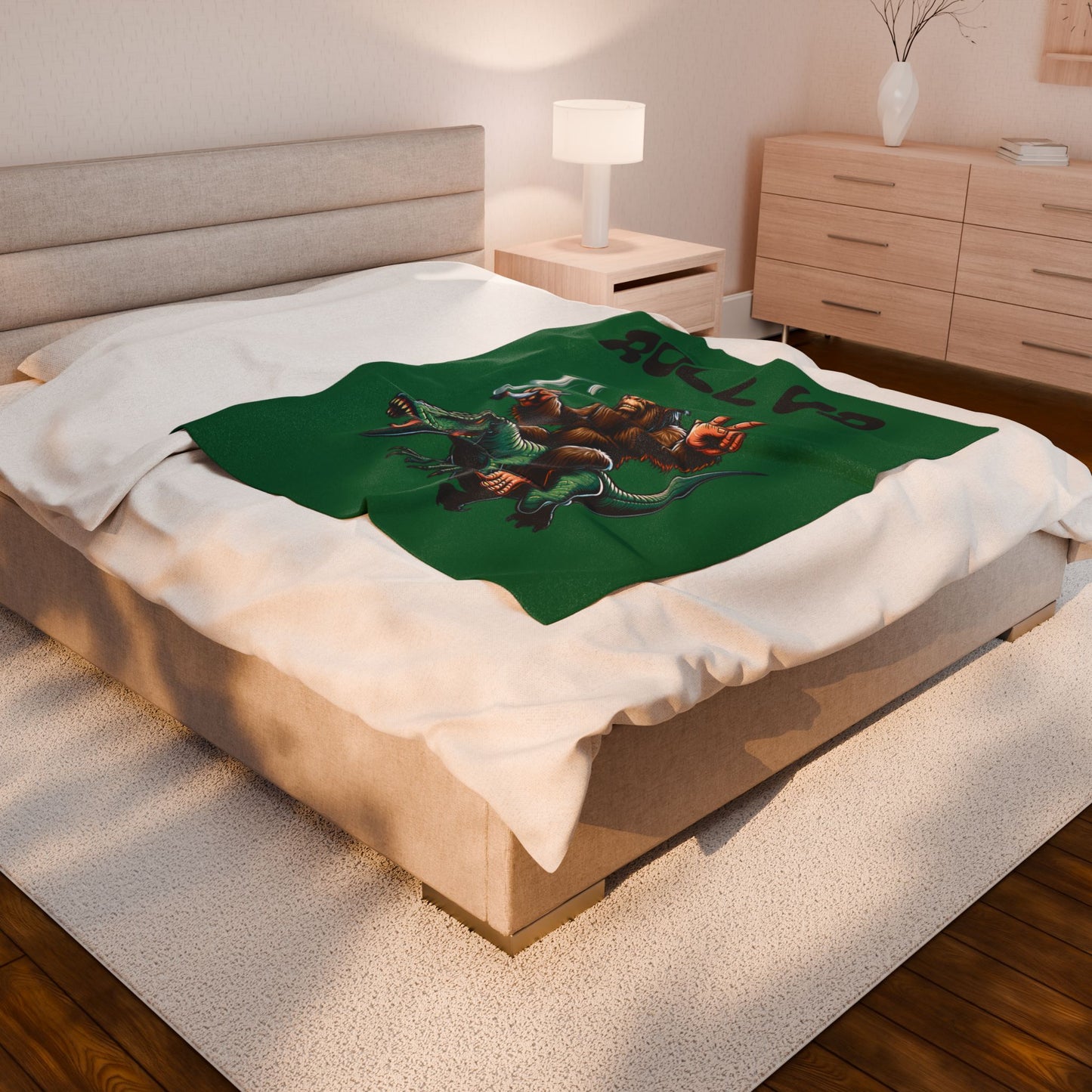 Blanket - Bigfoot Riding T Rex Smoking Joint Peace Sign Design