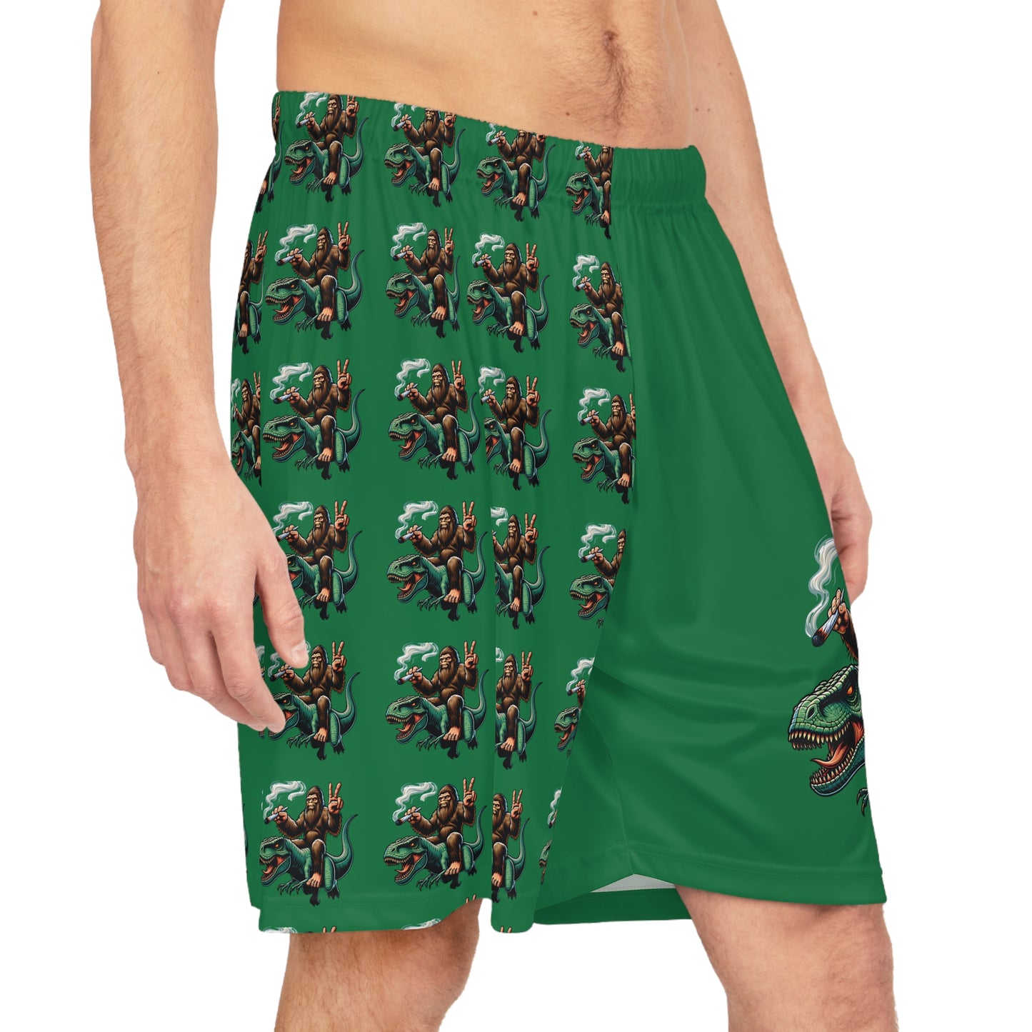 420 Bigfoot Riding T Rex Basketball Shorts
