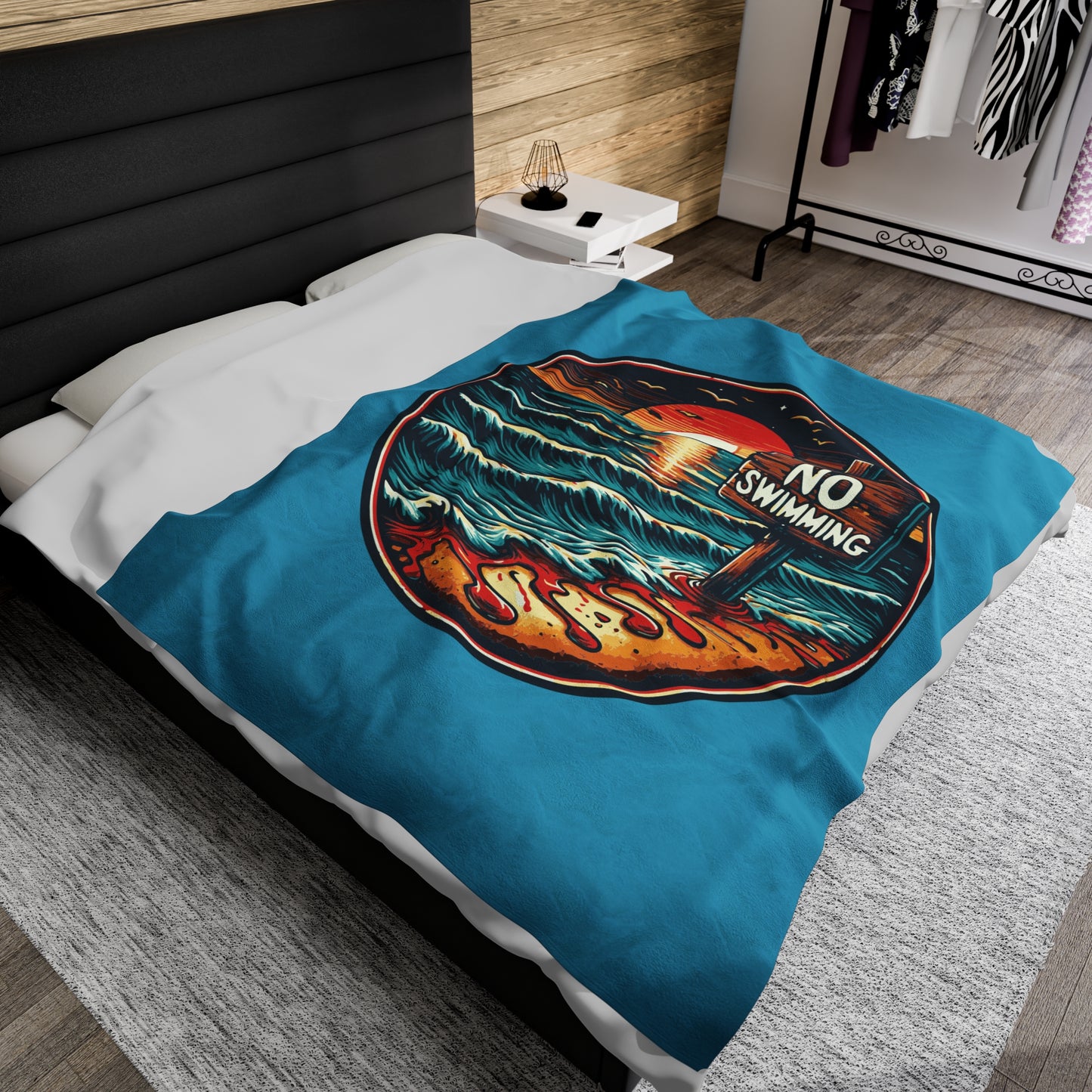 No Swimming Bloody Beach Horror Fun Velveteen Plush Throw Blanket Scary Ocean Shark Jaws
