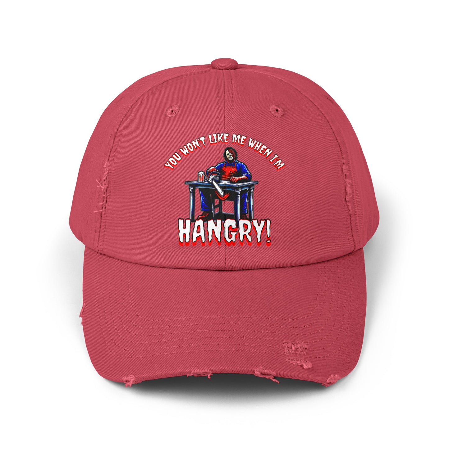 You Won't Like Me When I'm Hangry Leather Chainsaw Guy Cannibal Horror Fun Hat Unisex Distressed Cap