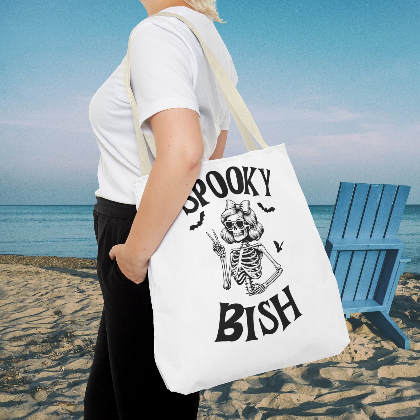 Spooky Bish Skeleton With Sunglasses and Peace Sign Gothic Horror Fun Beach Lunch Carry Tote Bag (AOP)