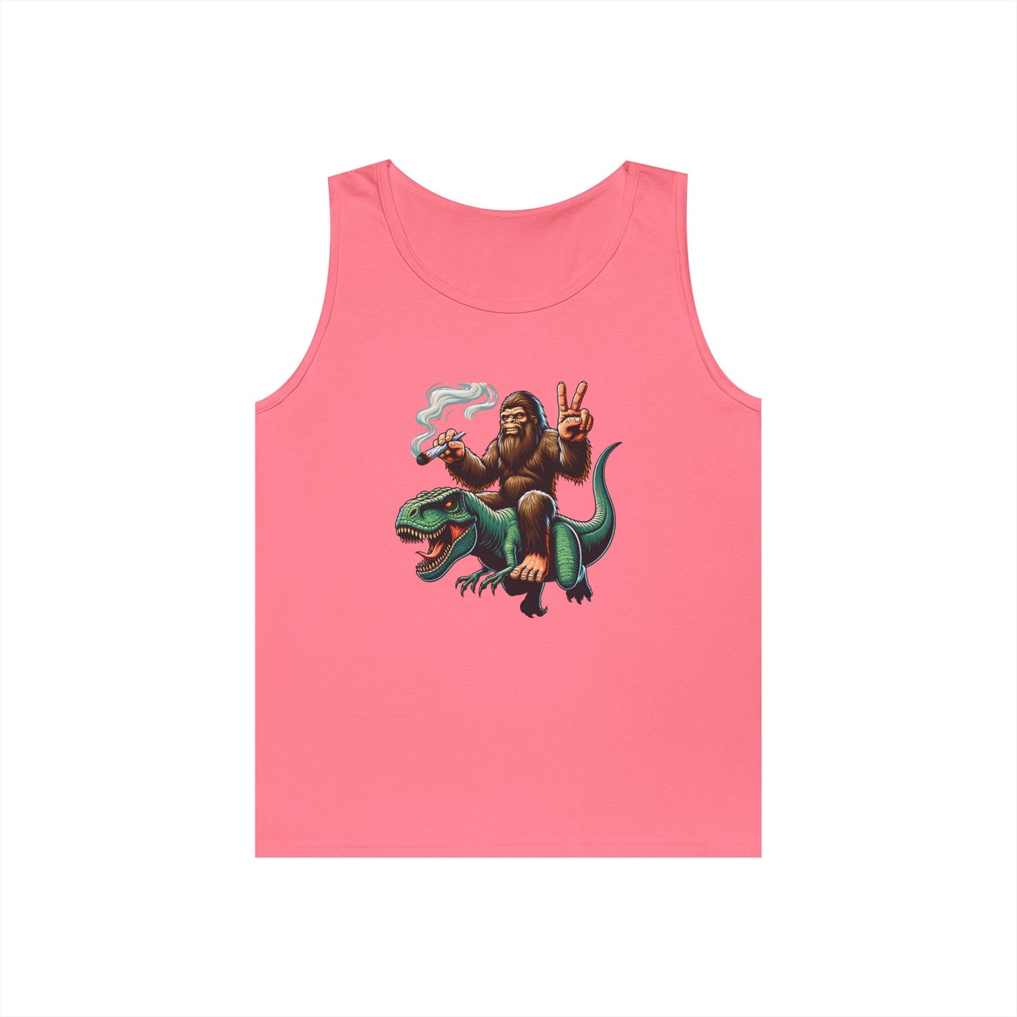 Bigfoot Riding T Rex Tank Top - 420 Peace Sign Design