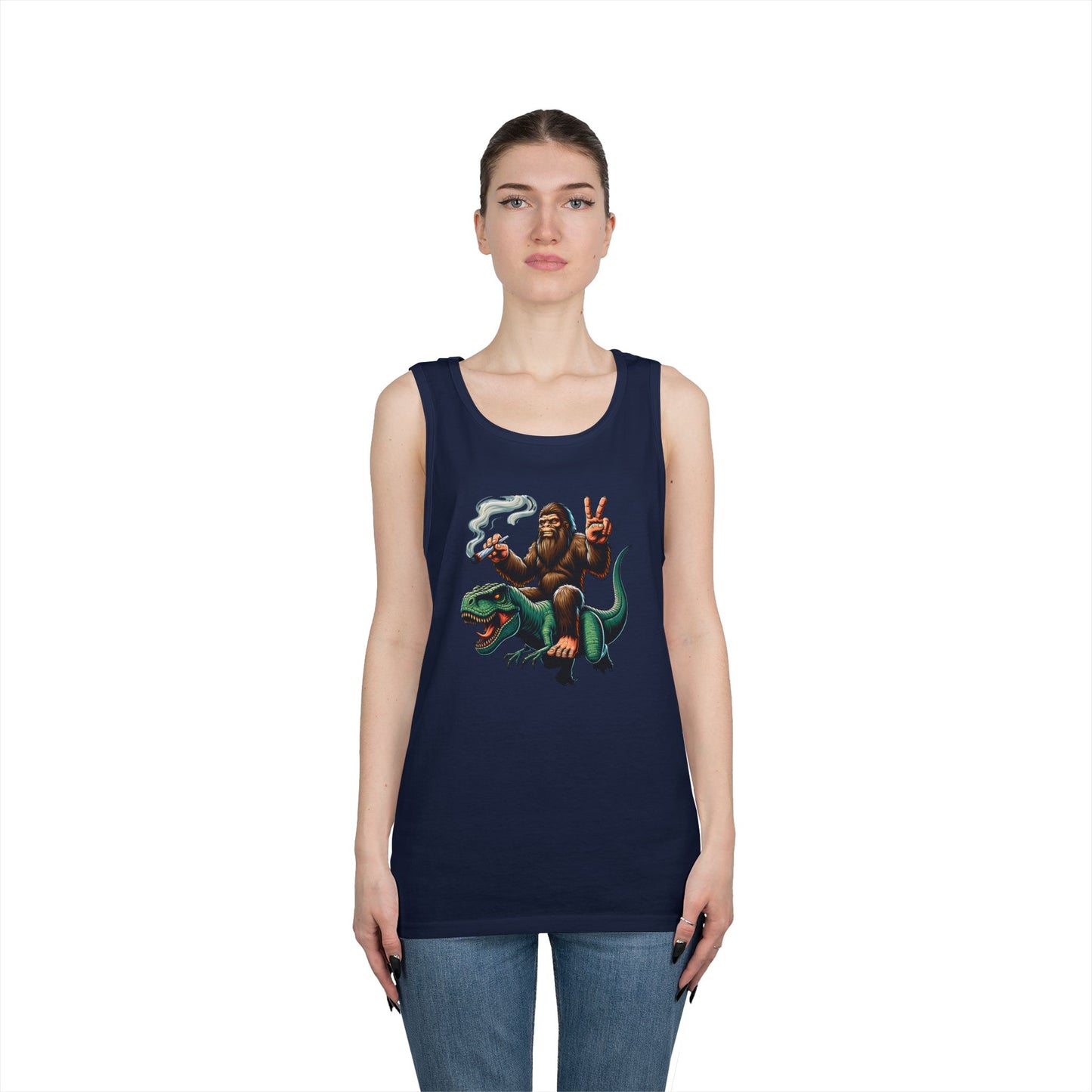 Bigfoot Riding T Rex Tank Top - 420 Peace Sign Design