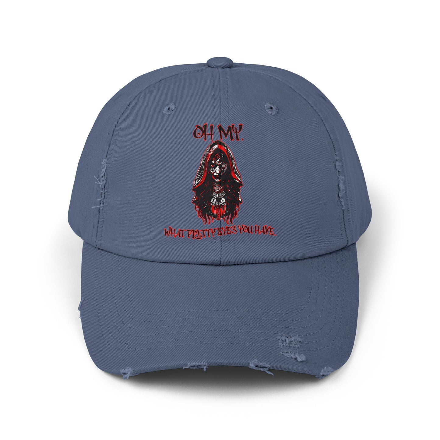 Creepy Little Red Riding Hood Inspired Scary Witch Oh My, What Pretty Eyes You Have Horror Hat Unisex Distressed Cap