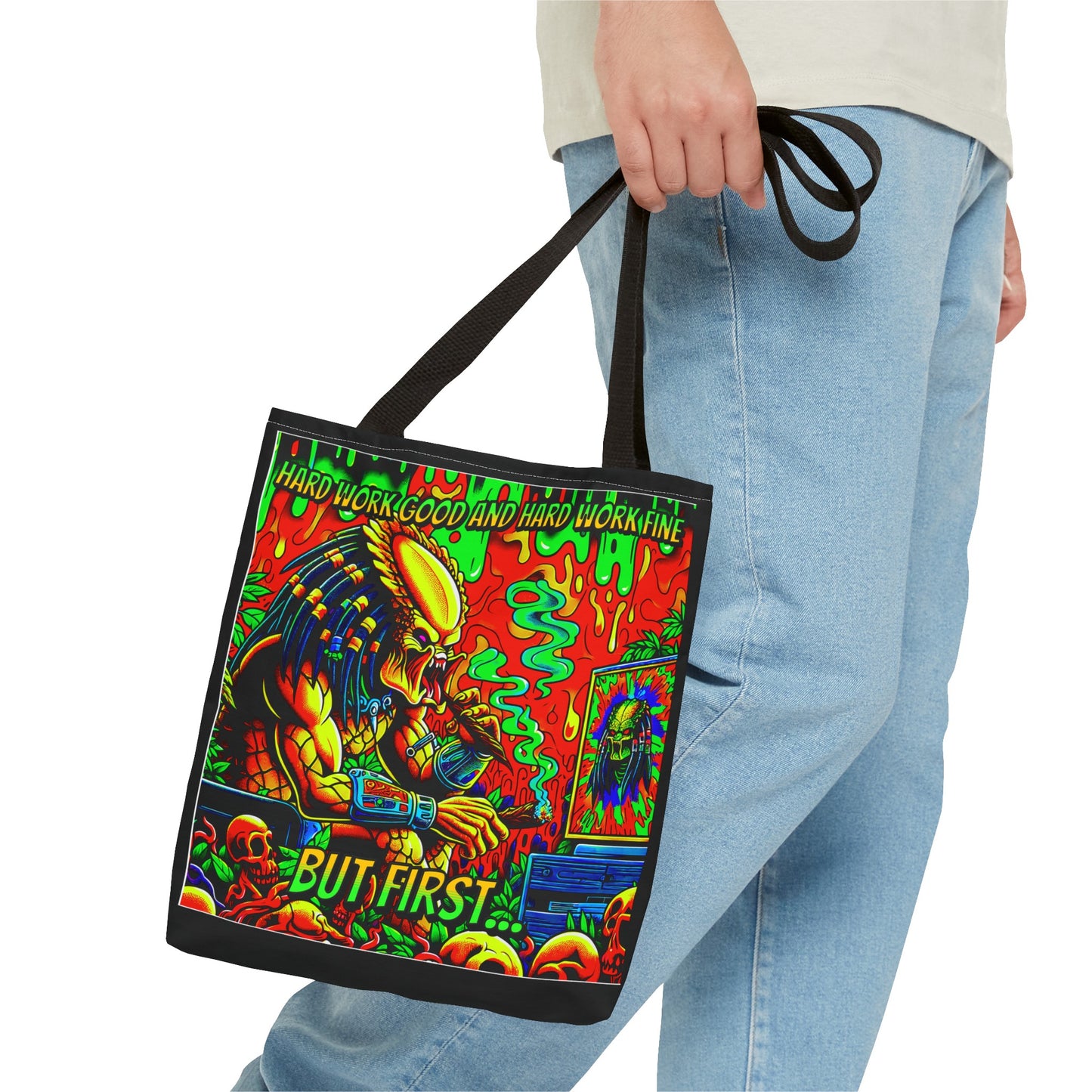 Horradelic Hard Work Good Hard Work Fine Predator Blunt Smoking Horror Fun Travel Carry Tote Bag (AOP)