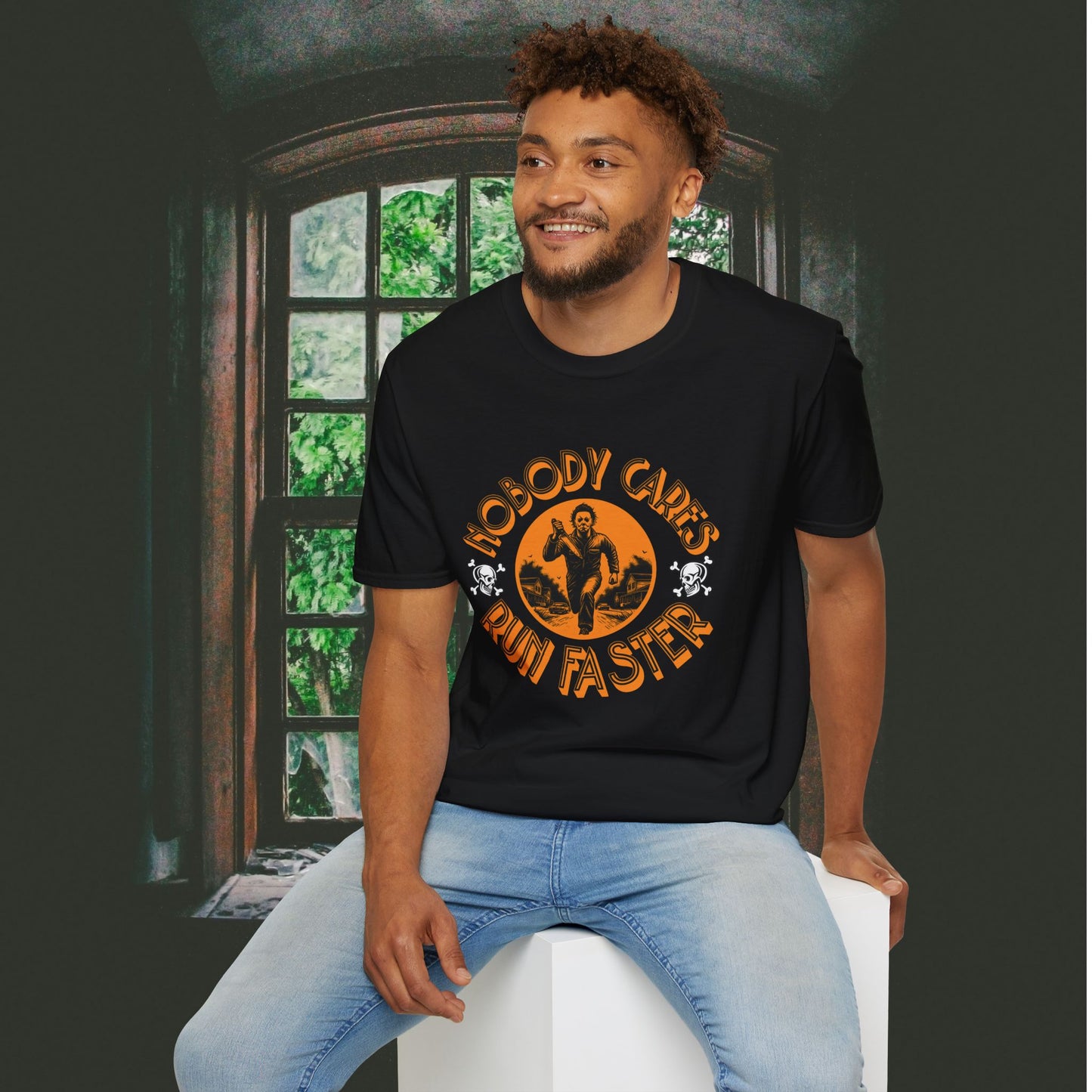 Nobody Cares Run Faster - Michael Running Myers on Halloween Horror Fun with Skulls Shirt - Unisex Softstyle T-Shirt