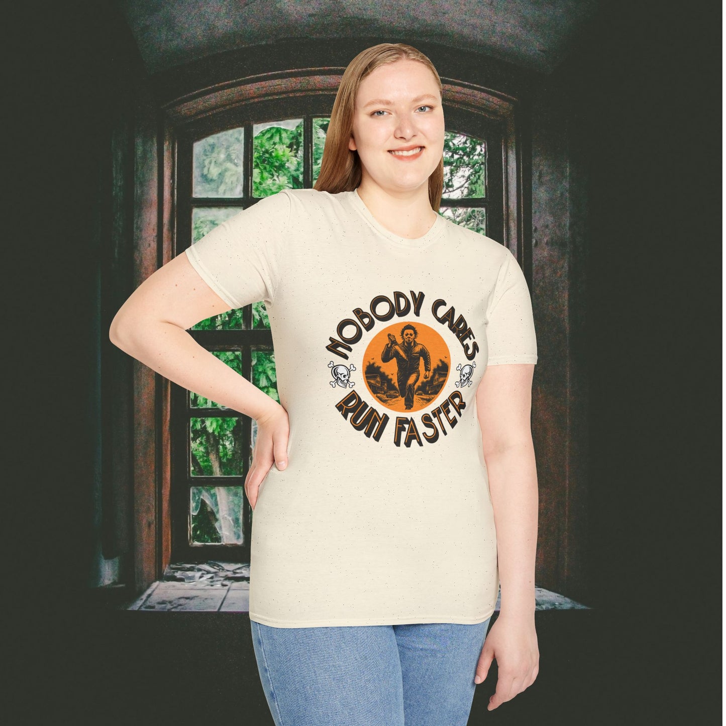 Nobody Cares Run Faster - Michael Running Myers on Halloween Horror Fun with Skulls Shirt - Unisex Softstyle T-Shirt