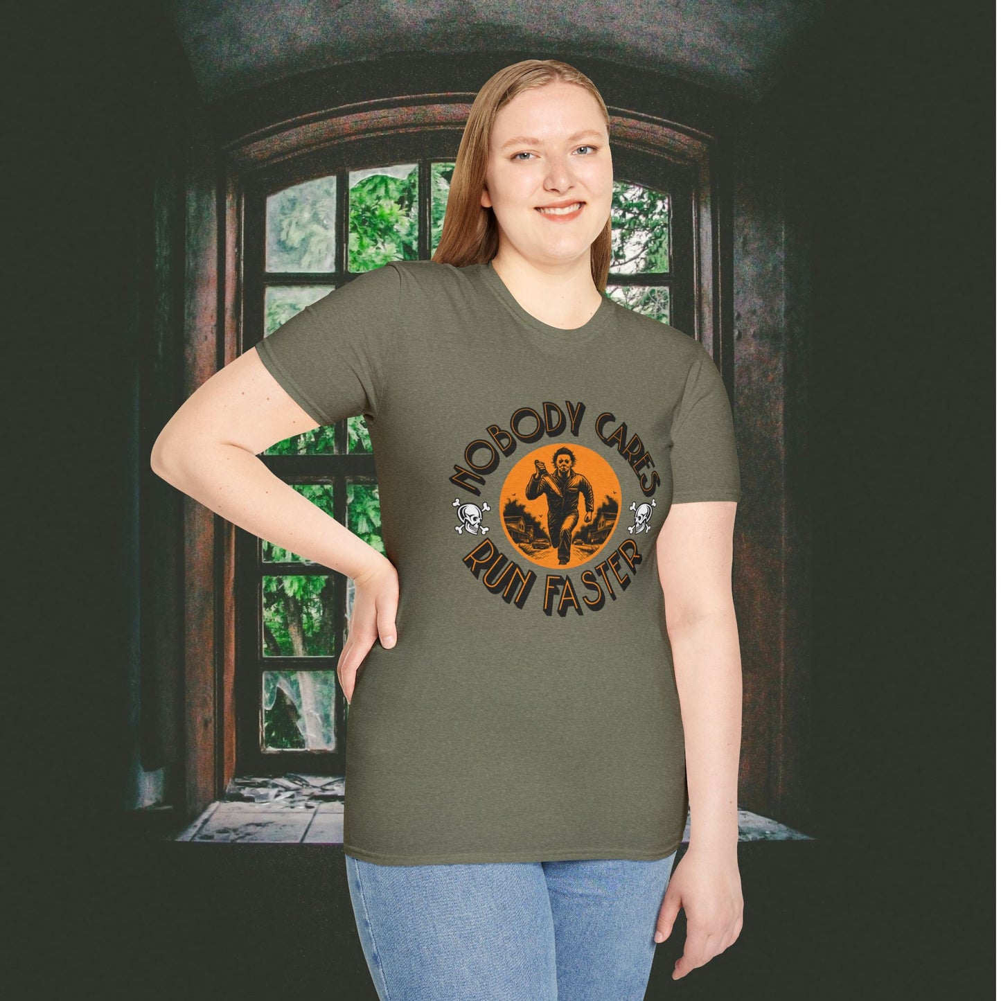 Nobody Cares Run Faster - Michael Running Myers on Halloween Horror Fun with Skulls Shirt - Unisex Softstyle T-Shirt
