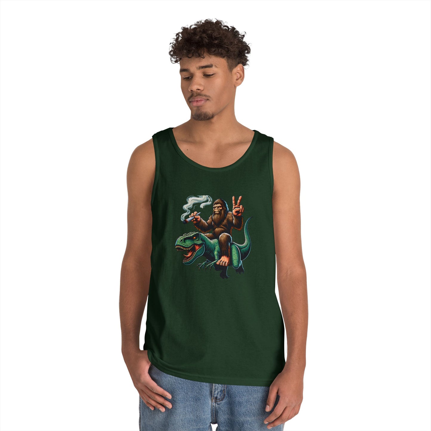 Bigfoot Riding T Rex Tank Top - 420 Peace Sign Design