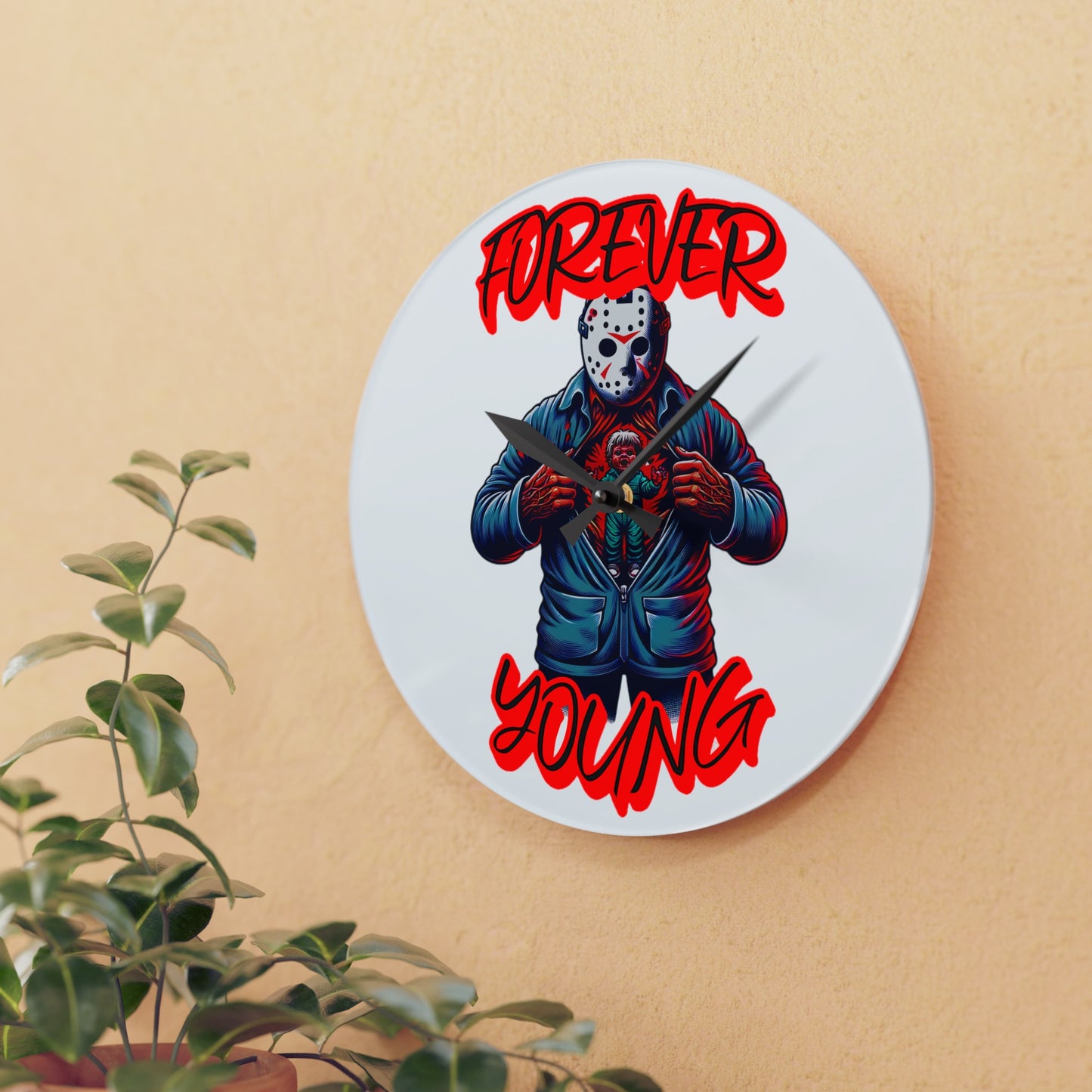 Horrorvational Forever Young Friday Jason Opening His Top to His Young Self Voorhees 13th Horror Fun Acrylic Wall Hanging Clock
