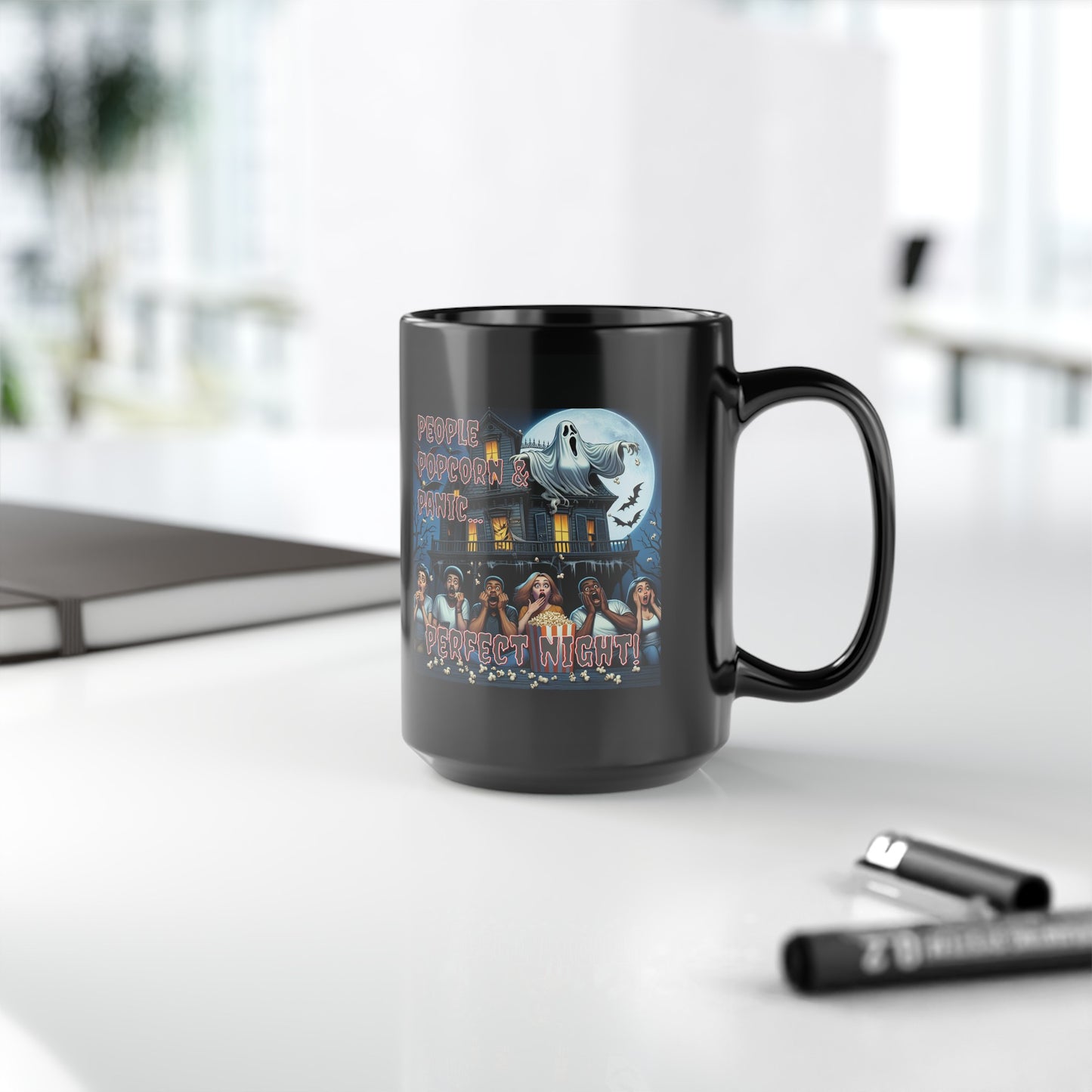 People Popcorn & Panic Horror Movie Fun Black Coffee Tea Mug (11oz, 15oz)