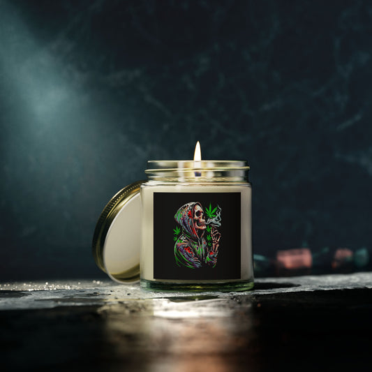 Scented Candle - Skeleton In A Hoodie Deep Thought 420 Design Apricot Wax (4oz, 9oz)