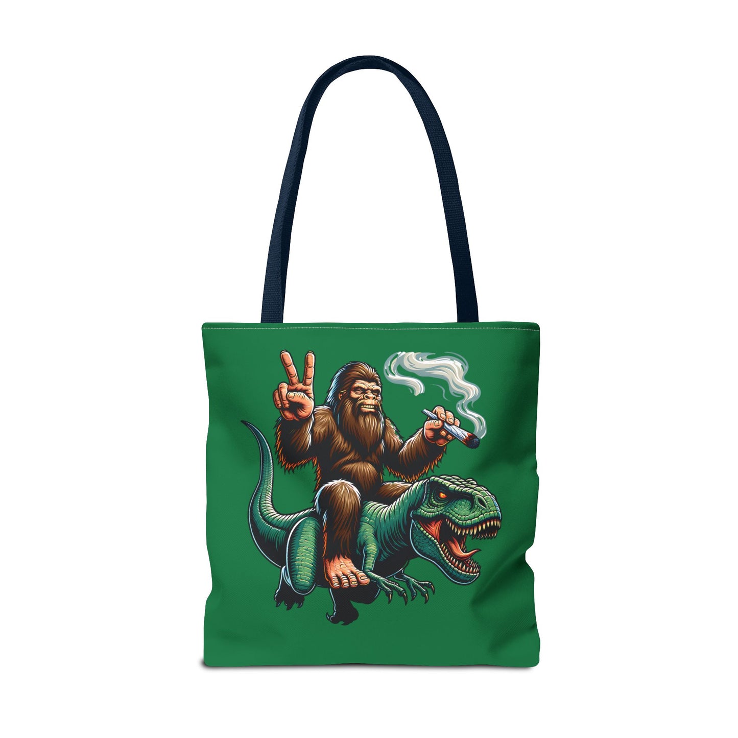 Tote Bag - Bigfoot Riding a T Rex Peace Sign 420 Design