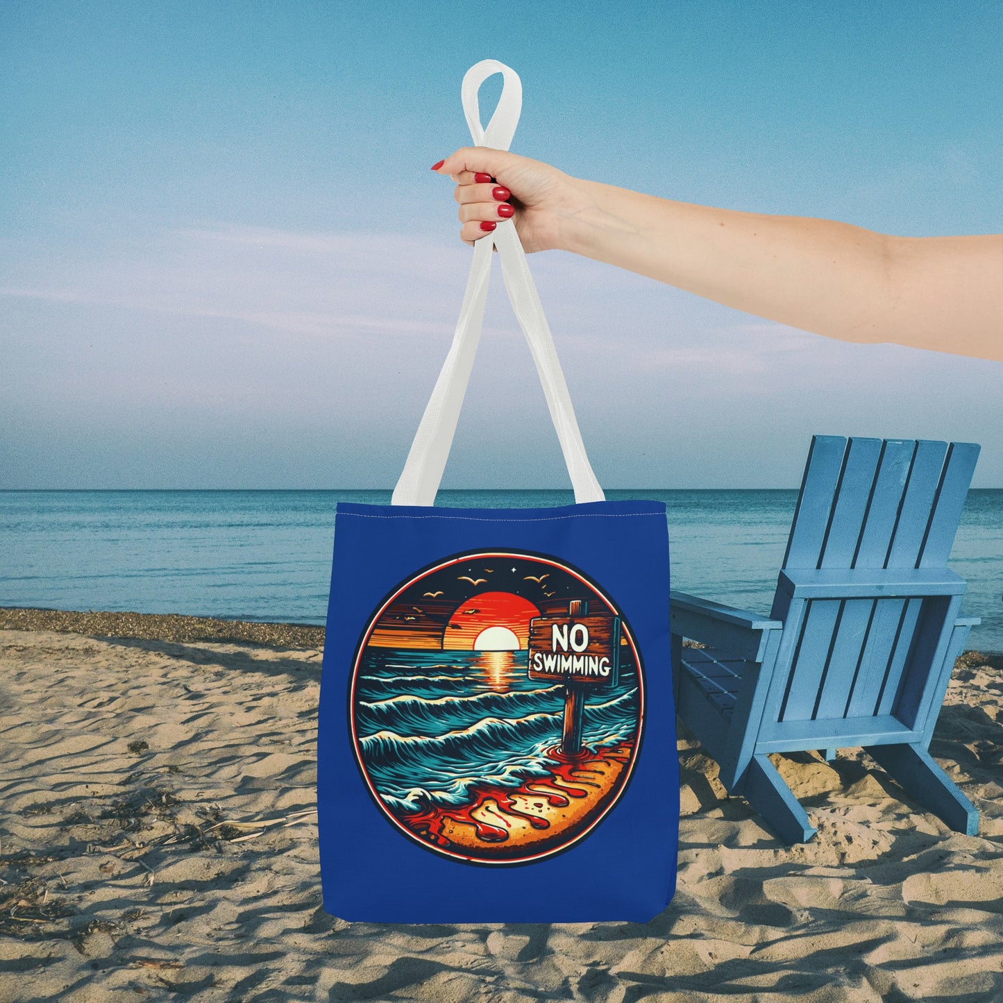 No Swimming Bloody Beach Tote Bag (AOP) Horror Fun Travel Swimming Vacation
